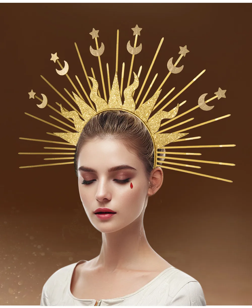 Golden Goddess Sun Moon Star Combination Hair Accessories  Style Fashion Show Role Costume Props display picture 9