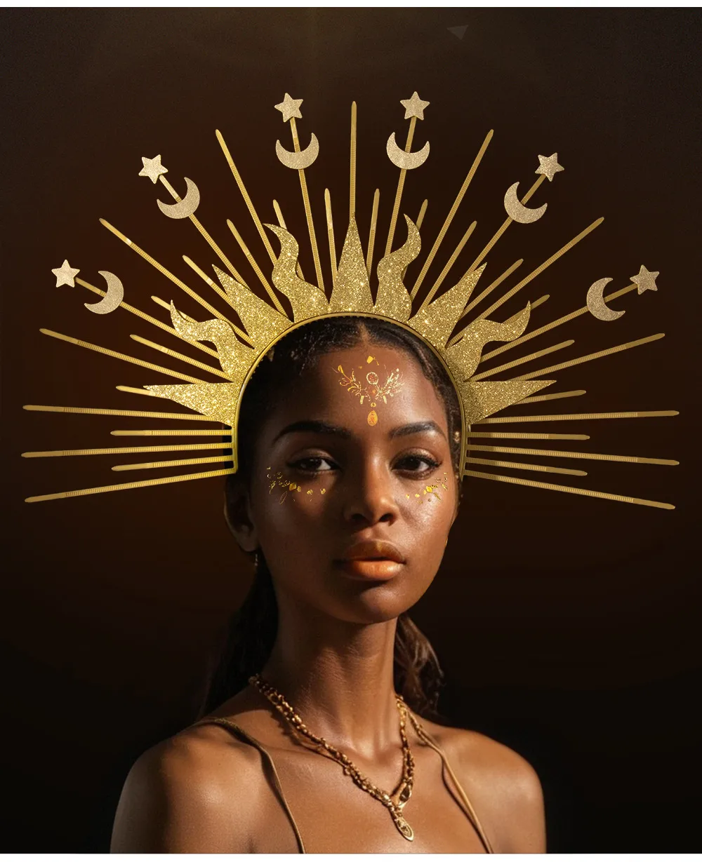 Golden Goddess Sun Moon Star Combination Hair Accessories  Style Fashion Show Role Costume Props display picture 10