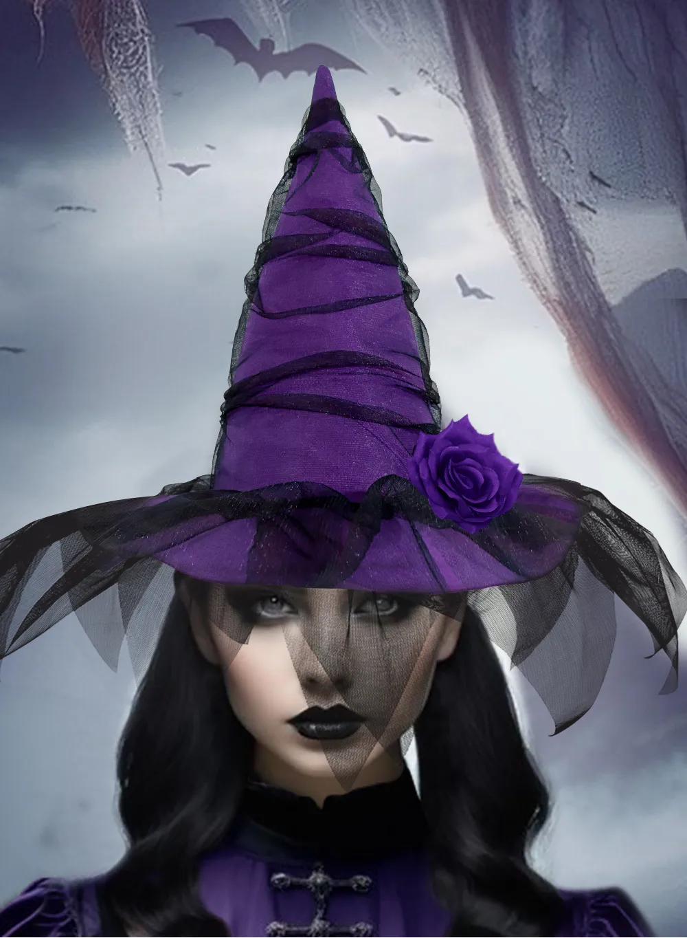 New Halloween Baroque Witch Hat With Netting Simulated Flowers Costume Accessory Gothic Queen Cosplay Women's Hat Handmade display picture 1