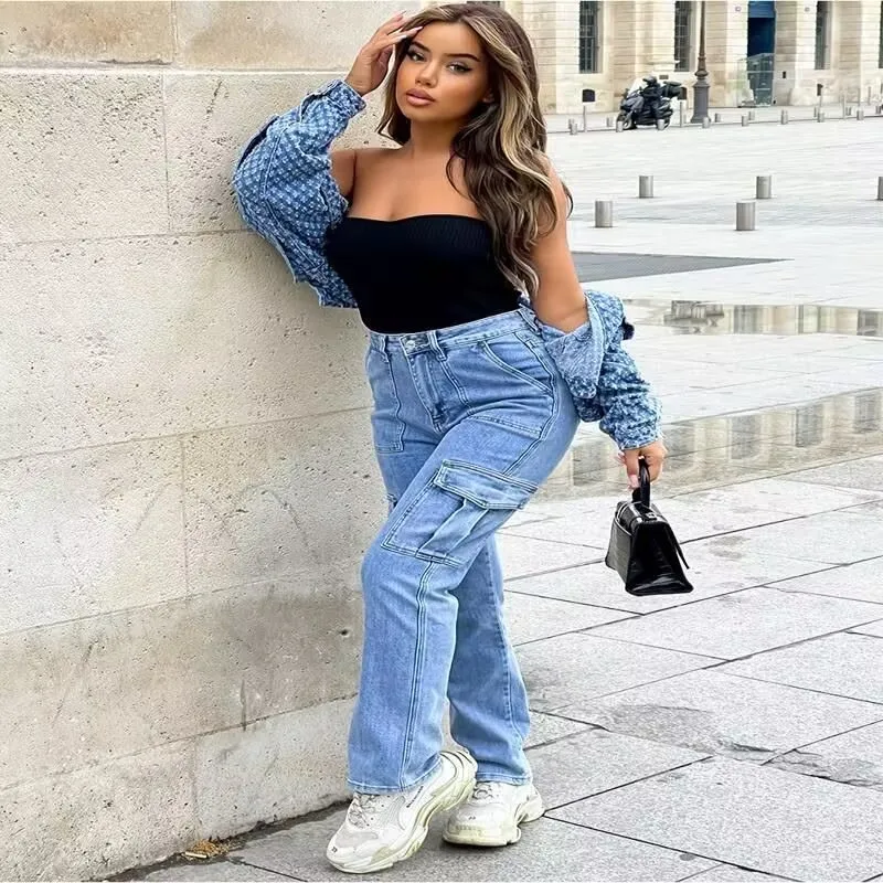 Women's Casual Wide Leg Jeans Multiple Pockets Spring Autumn New Style Comfortable Elastic Fabric Workwear Trousers display picture 2