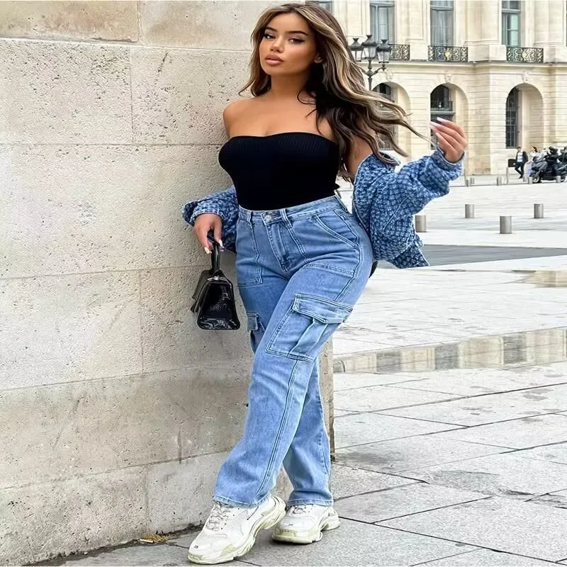 Women's Casual Wide Leg Jeans Multiple Pockets Spring Autumn New Style Comfortable Elastic Fabric Workwear Trousers display picture 3