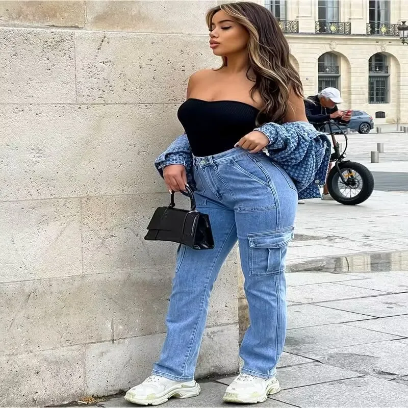 Women's Casual Wide Leg Jeans Multiple Pockets Spring Autumn New Style Comfortable Elastic Fabric Workwear Trousers display picture 4