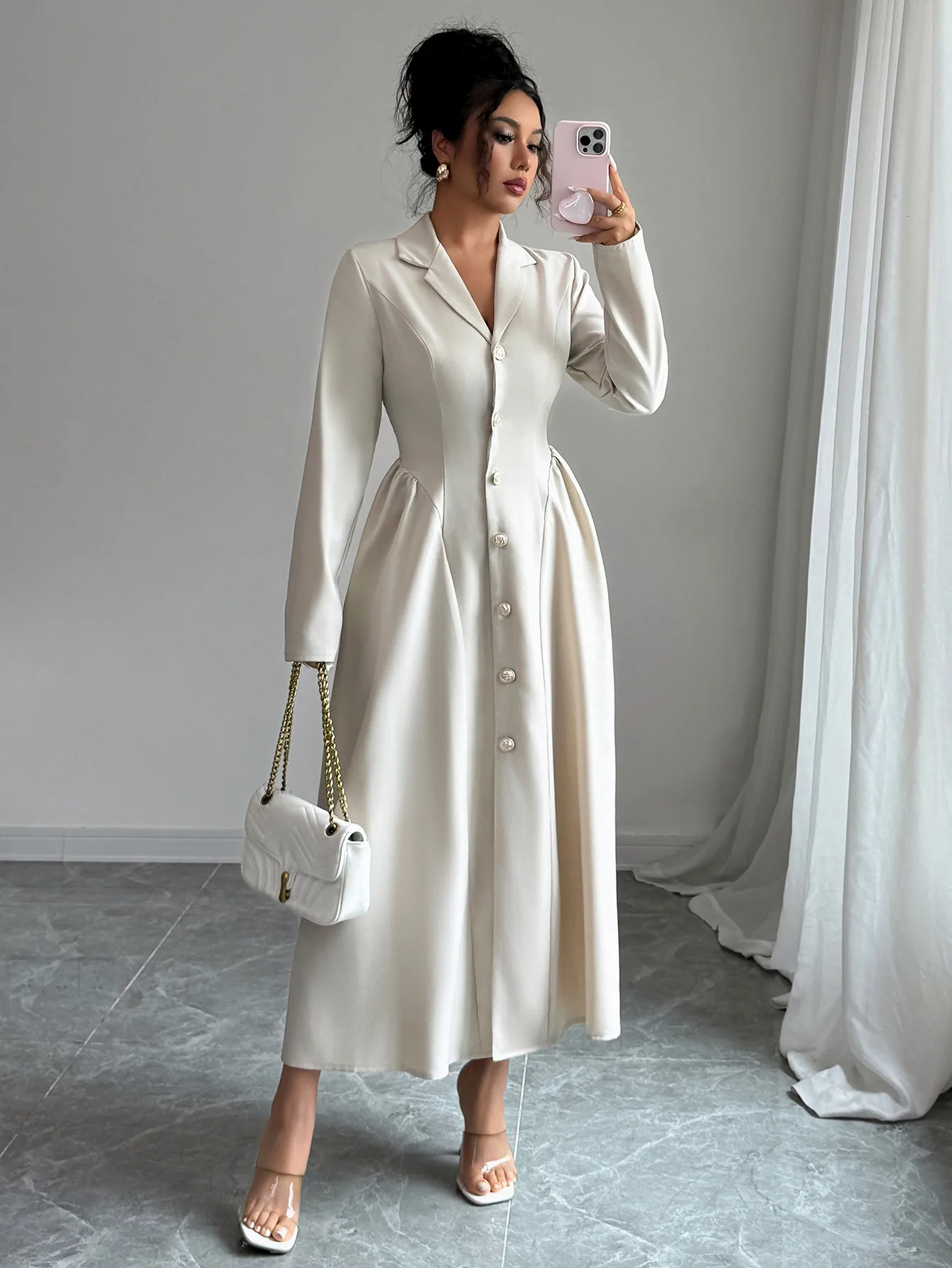 Elegant Long Sleeve Long Dress Women's Fashion Deep V Neck Dress Autumn Winter Season High Waist A-Line Skirt Street Style display picture 2