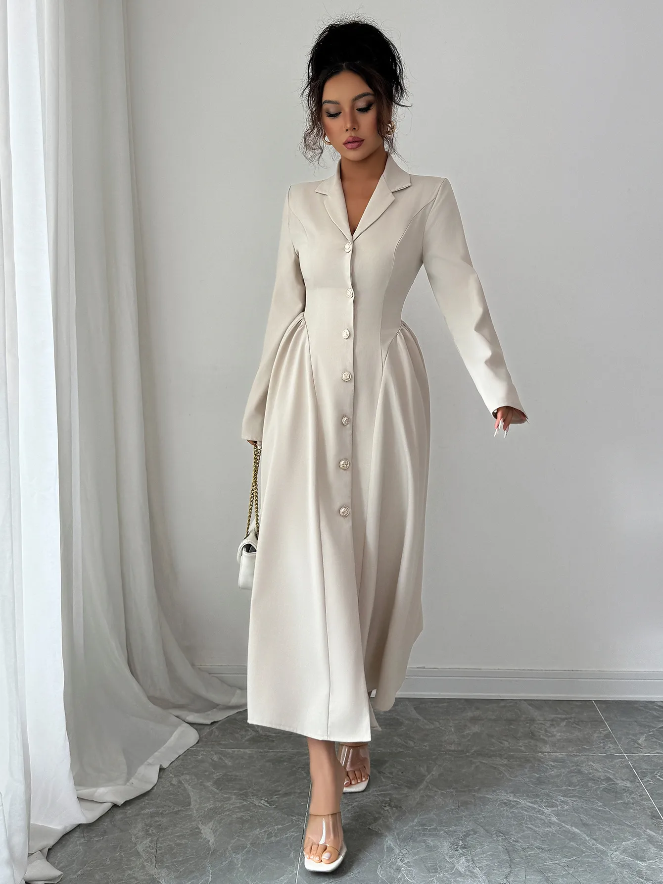 Elegant Long Sleeve Long Dress Women's Fashion Deep V Neck Dress Autumn Winter Season High Waist A-Line Skirt Street Style display picture 3