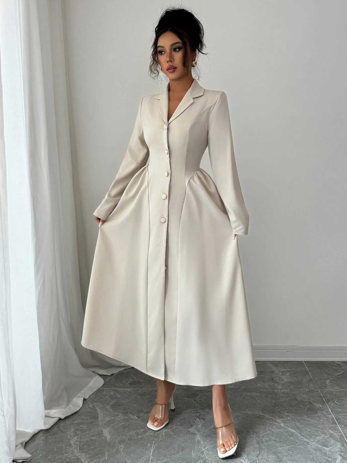 Elegant Long Sleeve Long Dress Women's Fashion Deep V Neck Dress Autumn Winter Season High Waist A-Line Skirt Street Style display picture 4