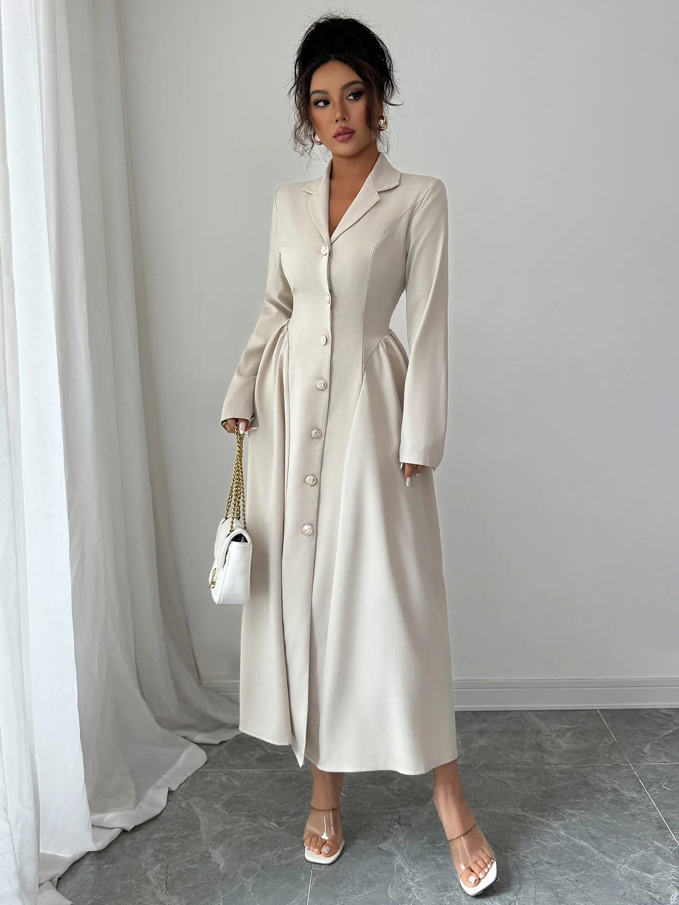 Elegant Long Sleeve Long Dress Women's Fashion Deep V Neck Dress Autumn Winter Season High Waist A-Line Skirt Street Style display picture 5
