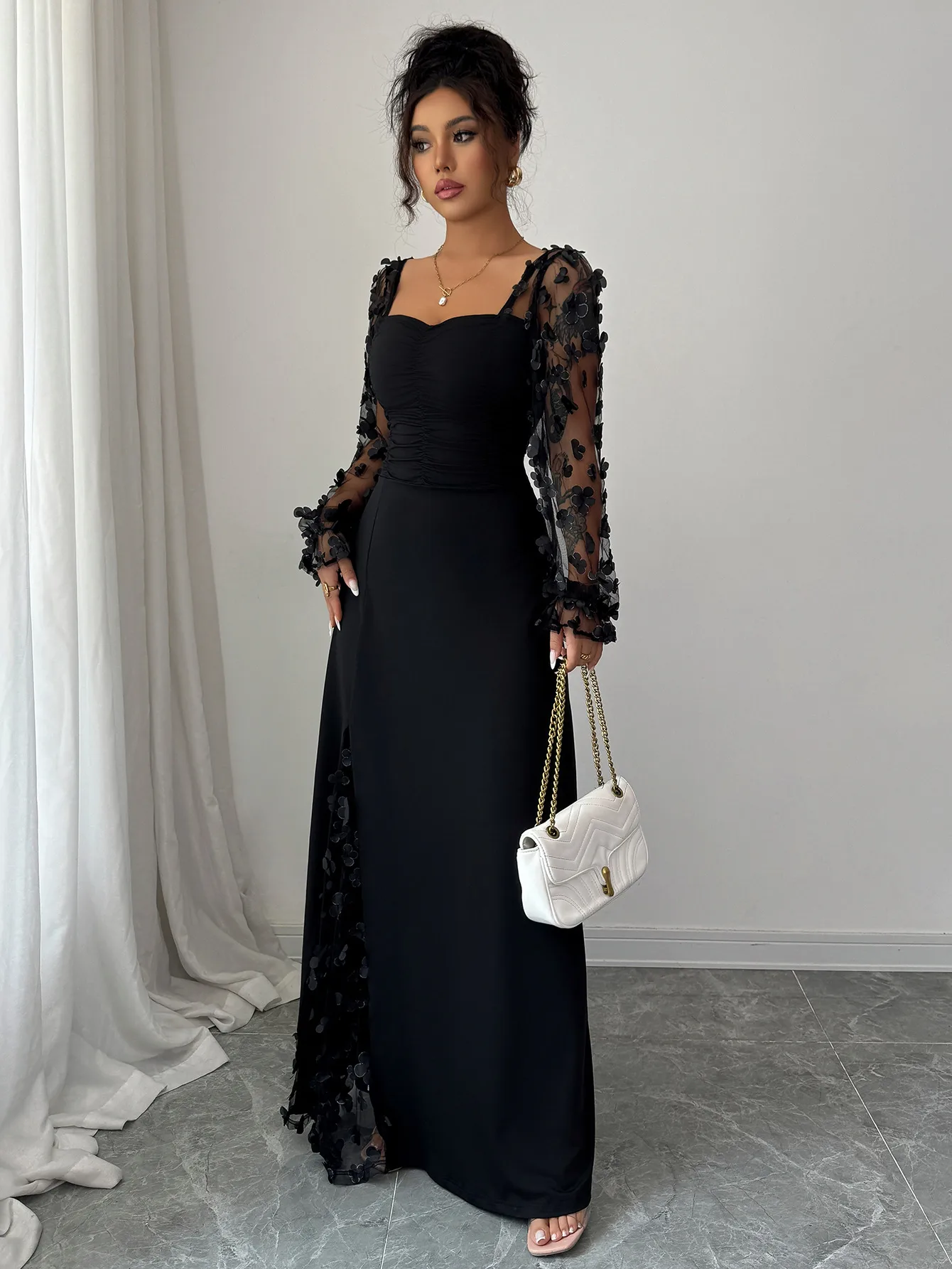Elegant Long Sleeve Long Dress Women's Fashion Autumn Winter High Waist A-Line Skirt Plant Floral Pattern Splice Design Street Style display picture 2