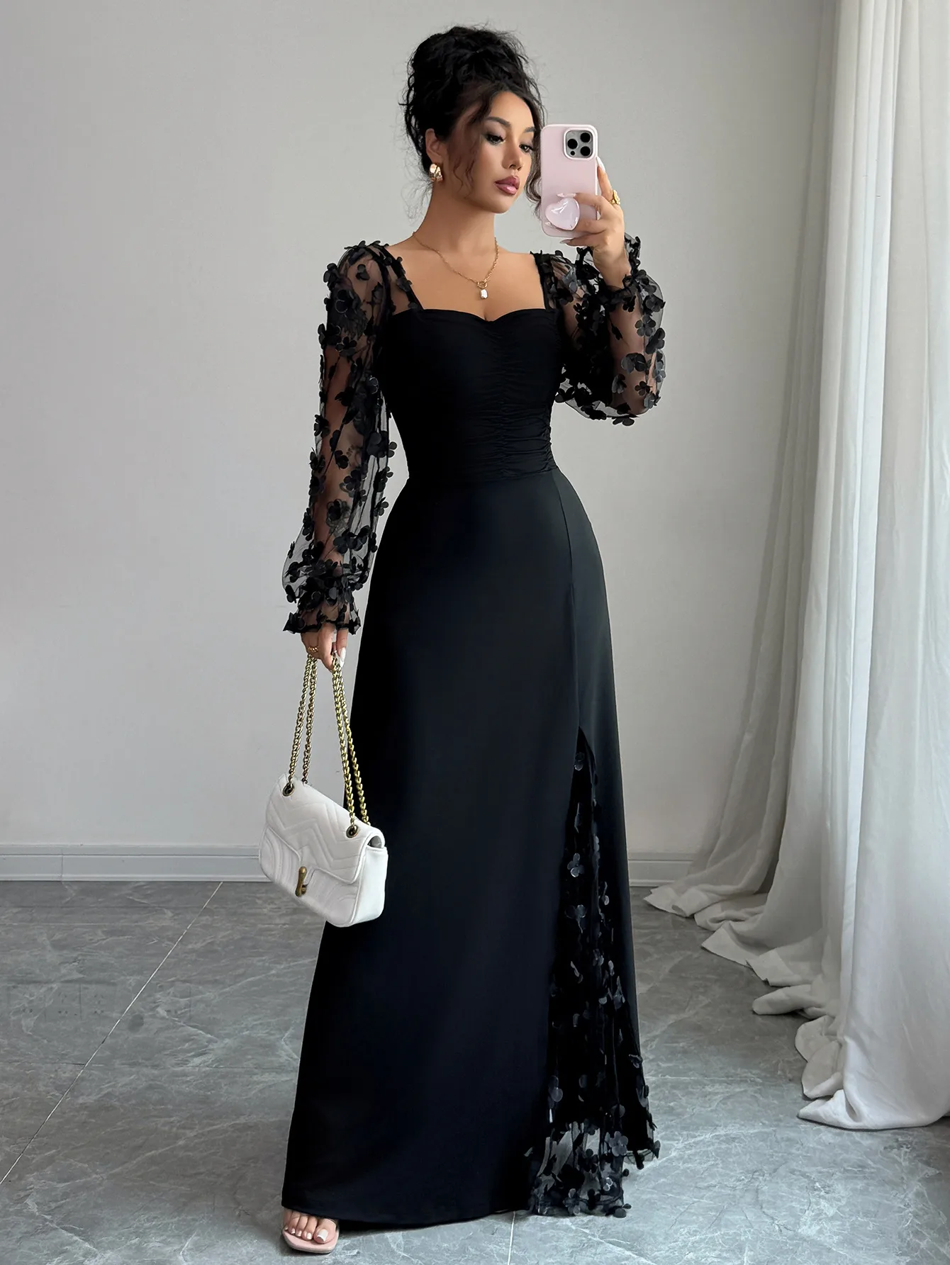 Elegant Long Sleeve Long Dress Women's Fashion Autumn Winter High Waist A-Line Skirt Plant Floral Pattern Splice Design Street Style display picture 3