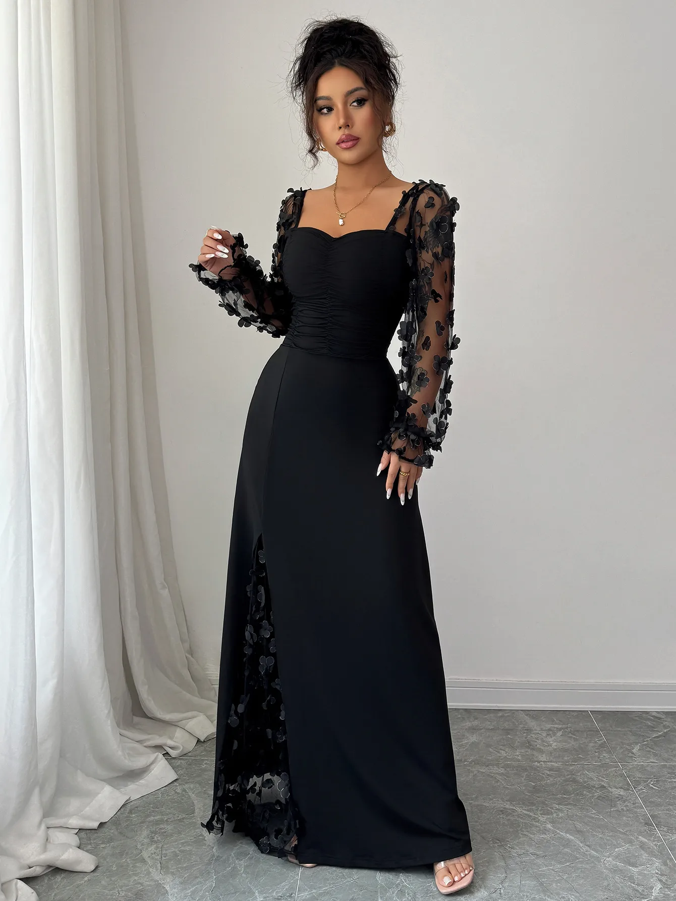 Elegant Long Sleeve Long Dress Women's Fashion Autumn Winter High Waist A-Line Skirt Plant Floral Pattern Splice Design Street Style display picture 4