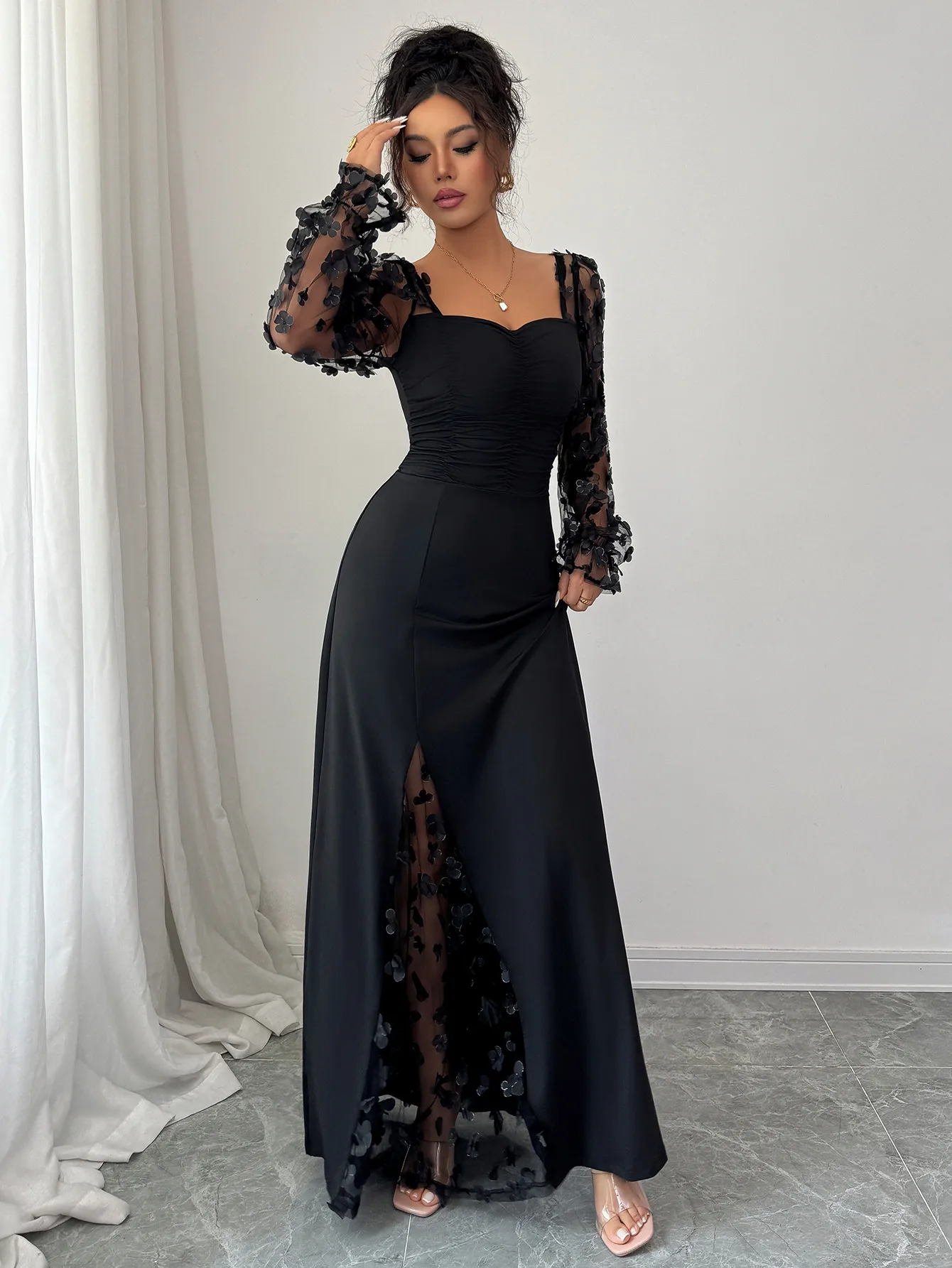 Elegant Long Sleeve Long Dress Women's Fashion Autumn Winter High Waist A-Line Skirt Plant Floral Pattern Splice Design Street Style display picture 5