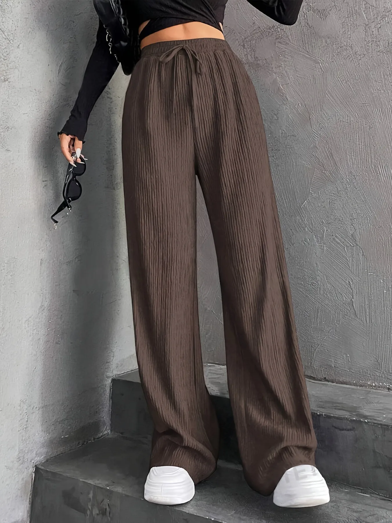 High Waist Wide Leg Pants Women's Elastic Waist Casual Long Trousers Pure Color Drawstring Straight Cut Autumn Winter New Arrival display picture 1