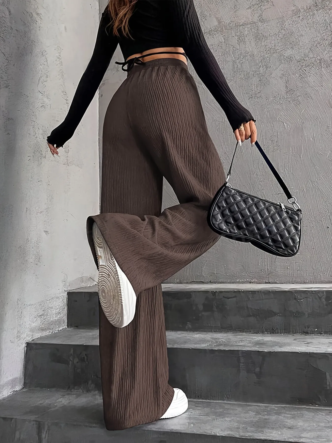 High Waist Wide Leg Pants Women's Elastic Waist Casual Long Trousers Pure Color Drawstring Straight Cut Autumn Winter New Arrival display picture 2