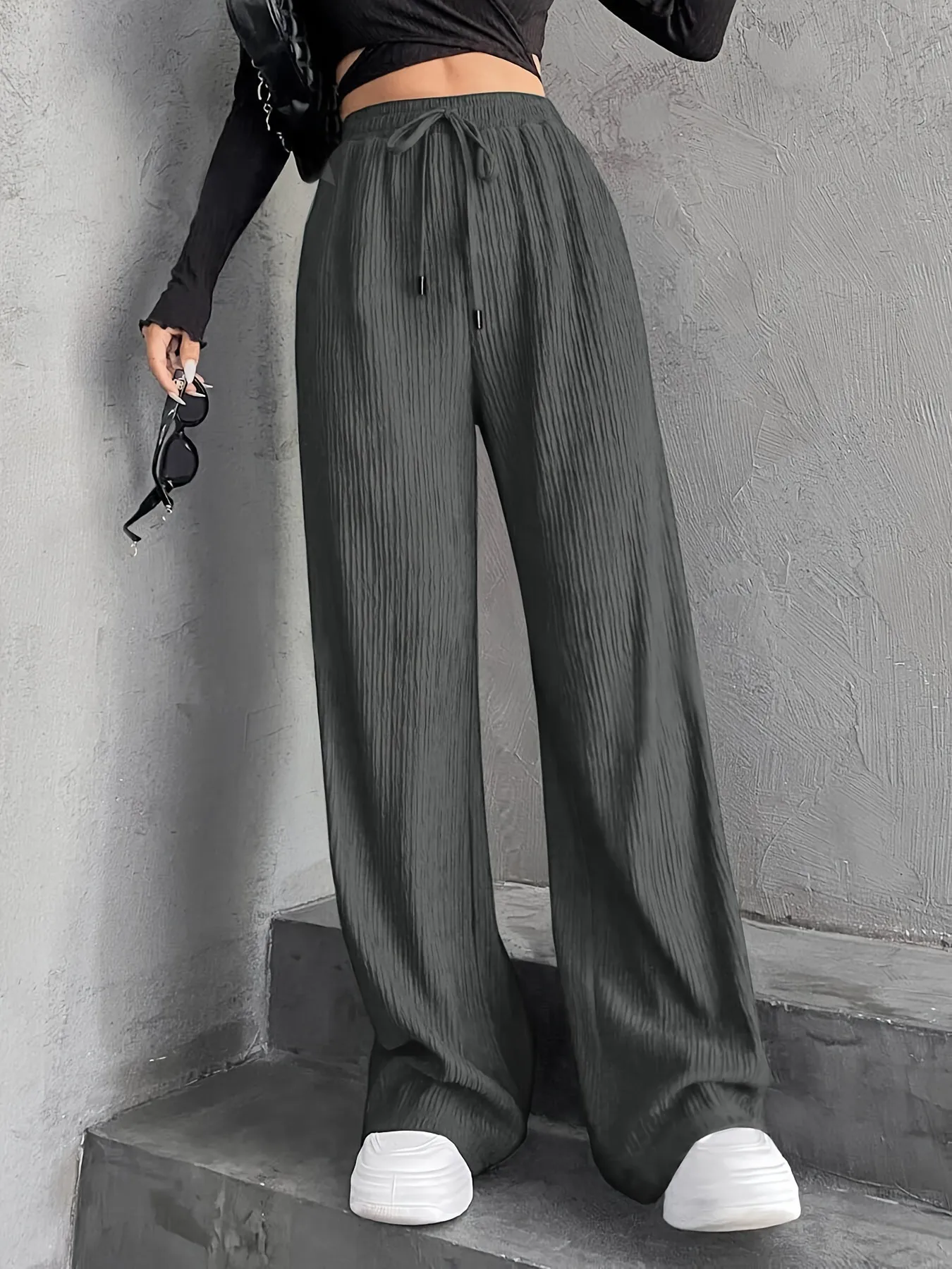 High Waist Wide Leg Pants Women's Elastic Waist Casual Long Trousers Pure Color Drawstring Straight Cut Autumn Winter New Arrival display picture 5