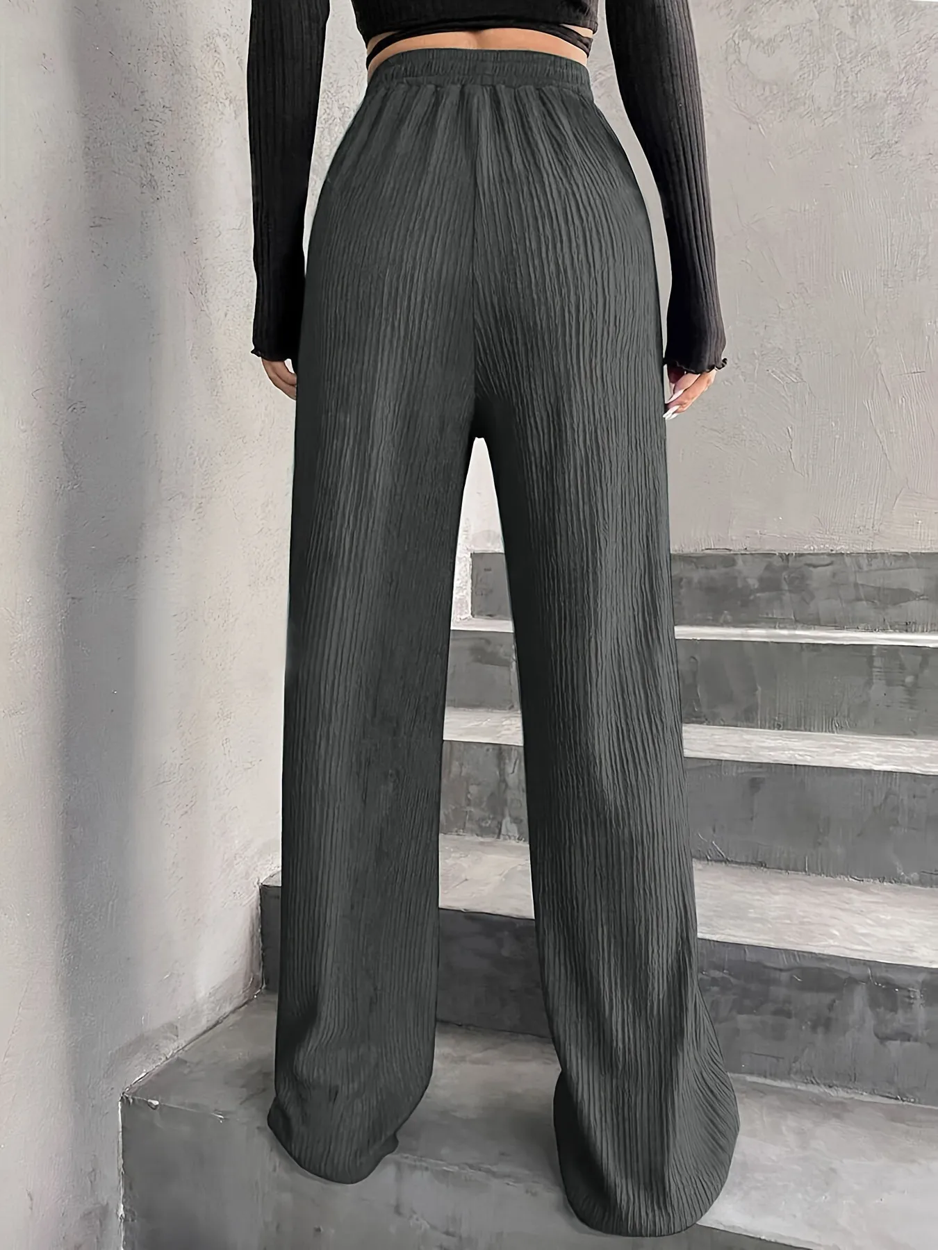 High Waist Wide Leg Pants Women's Elastic Waist Casual Long Trousers Pure Color Drawstring Straight Cut Autumn Winter New Arrival display picture 6