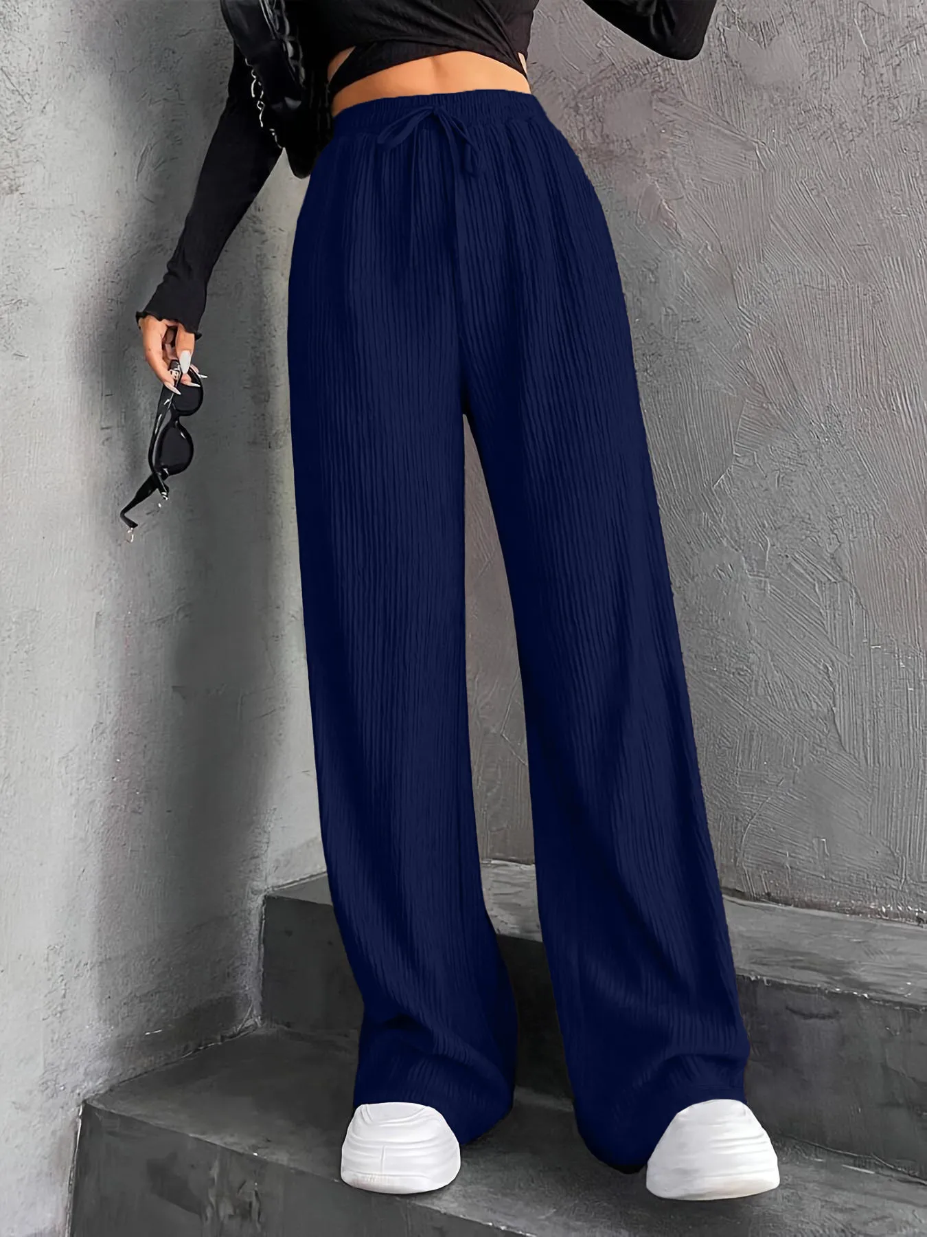 High Waist Wide Leg Pants Women's Elastic Waist Casual Long Trousers Pure Color Drawstring Straight Cut Autumn Winter New Arrival display picture 7