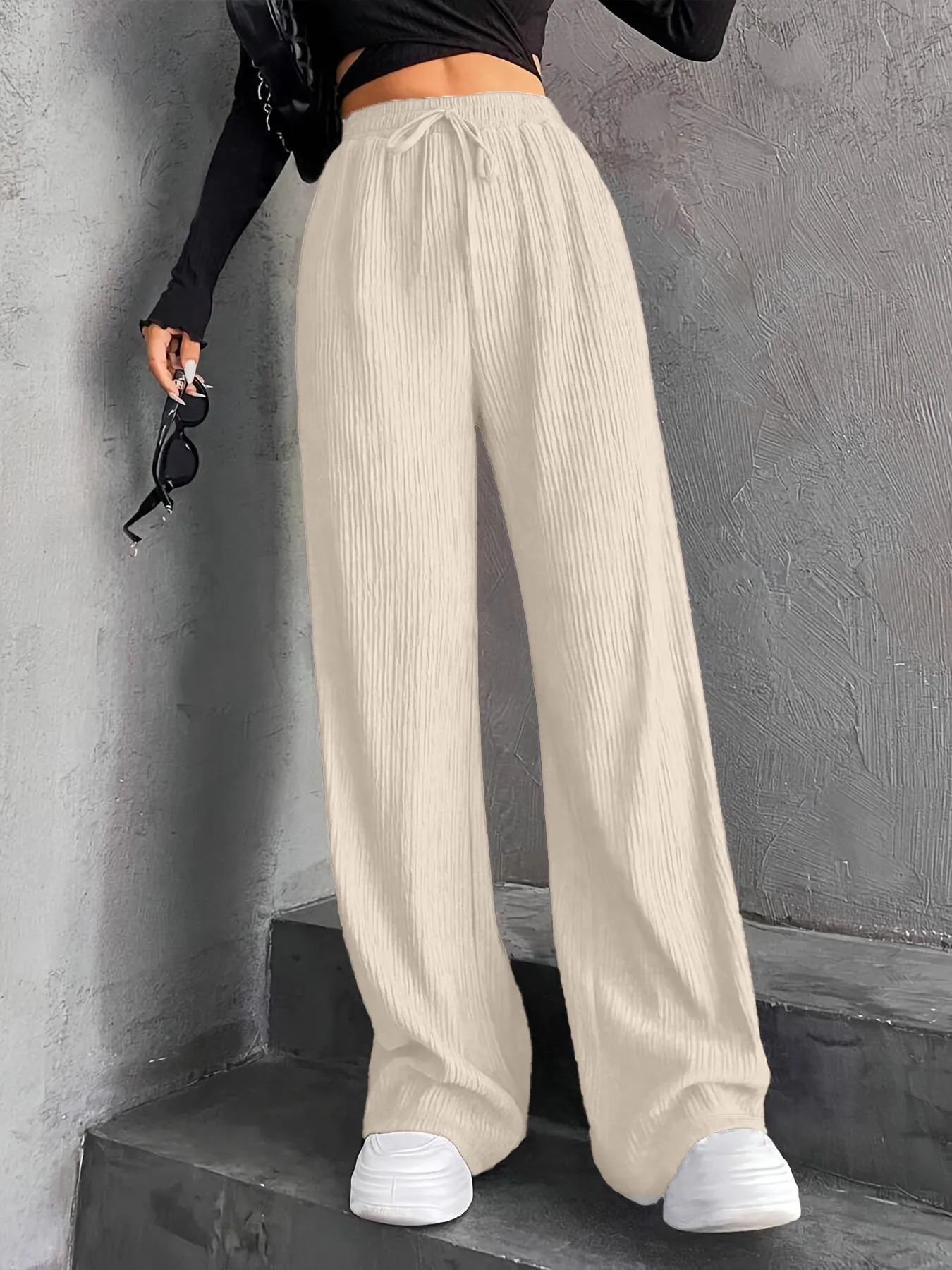 High Waist Wide Leg Pants Women's Elastic Waist Casual Long Trousers Pure Color Drawstring Straight Cut Autumn Winter New Arrival display picture 9