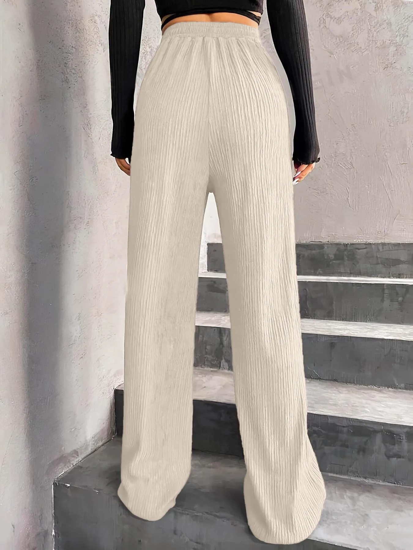 High Waist Wide Leg Pants Women's Elastic Waist Casual Long Trousers Pure Color Drawstring Straight Cut Autumn Winter New Arrival display picture 10