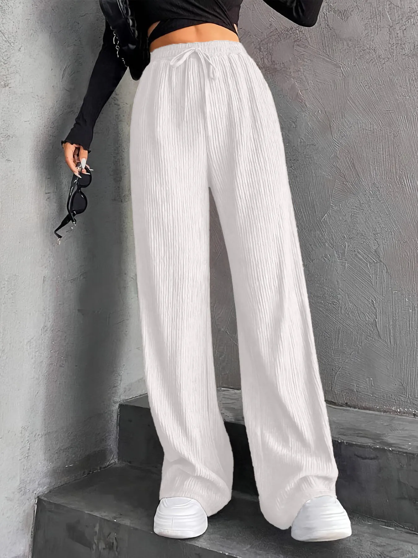 High Waist Wide Leg Pants Women's Elastic Waist Casual Long Trousers Pure Color Drawstring Straight Cut Autumn Winter New Arrival display picture 11