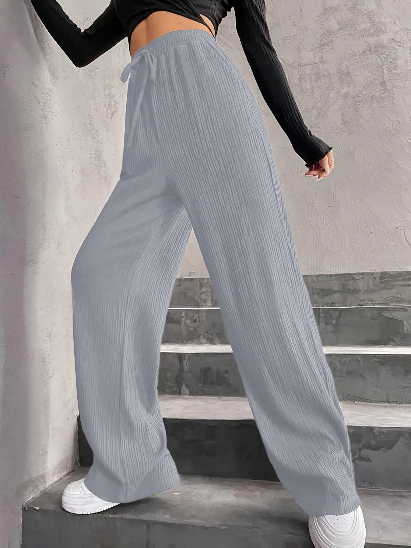 High Waist Wide Leg Pants Women's Elastic Waist Casual Long Trousers Pure Color Drawstring Straight Cut Autumn Winter New Arrival display picture 13