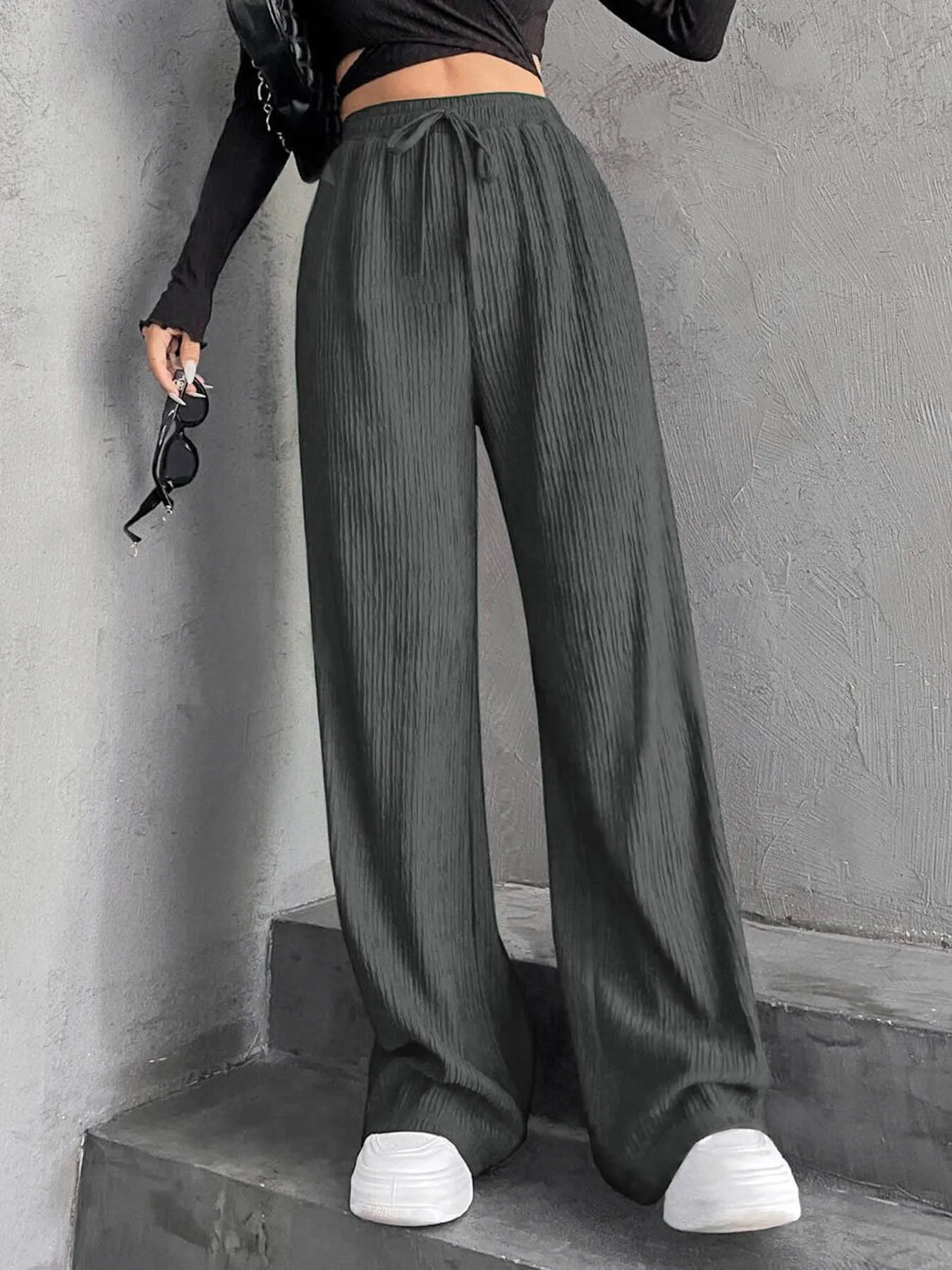 High Waist Wide Leg Pants Women's Elastic Waist Casual Long Trousers Pure Color Drawstring Straight Cut Autumn Winter New Arrival display picture 15