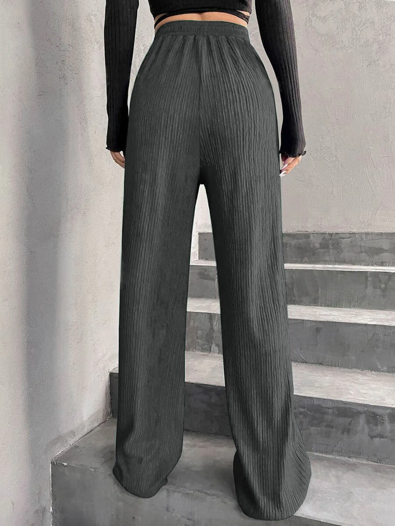 High Waist Wide Leg Pants Women's Elastic Waist Casual Long Trousers Pure Color Drawstring Straight Cut Autumn Winter New Arrival display picture 16
