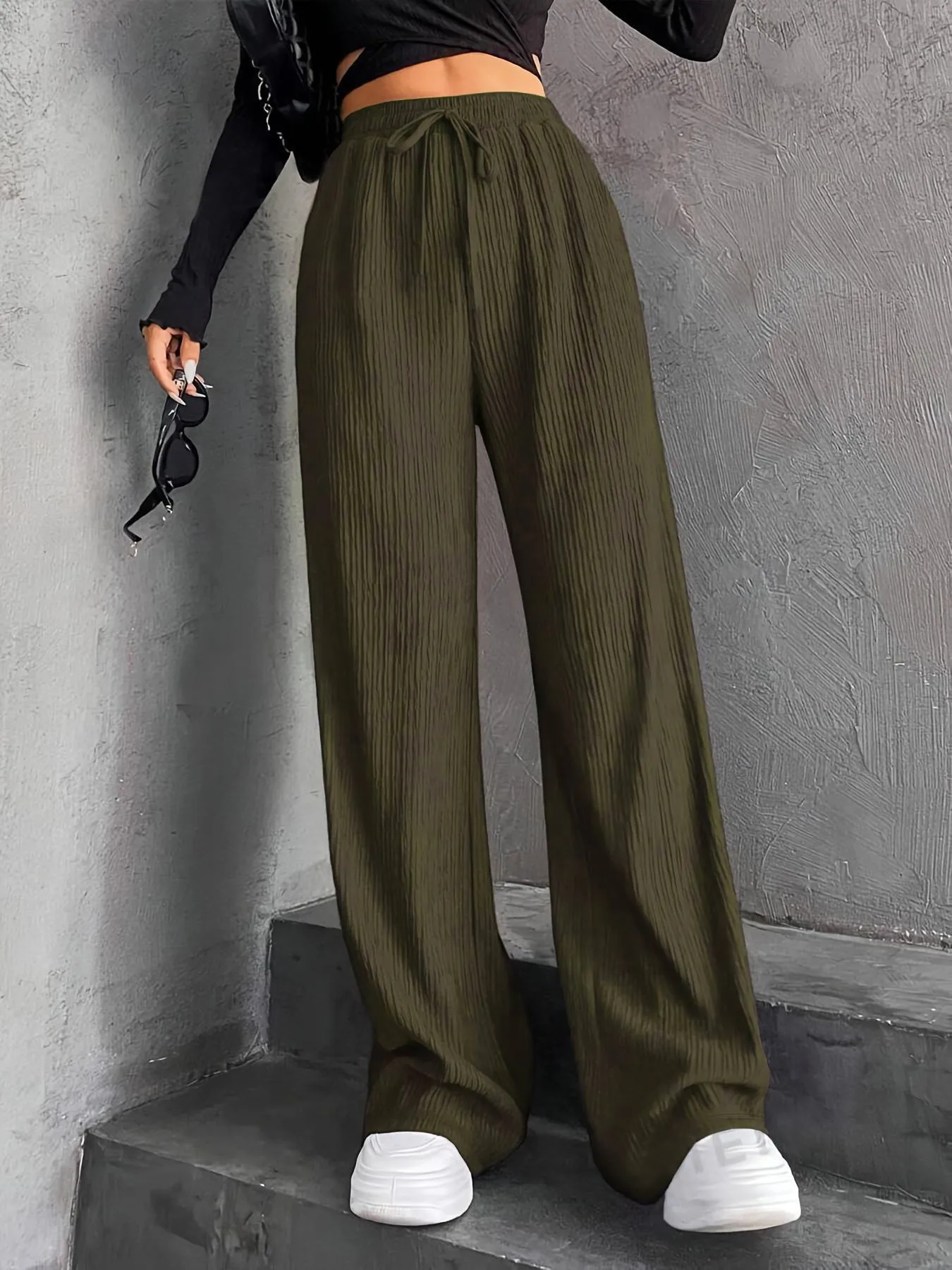 High Waist Wide Leg Pants Women's Elastic Waist Casual Long Trousers Pure Color Drawstring Straight Cut Autumn Winter New Arrival display picture 17