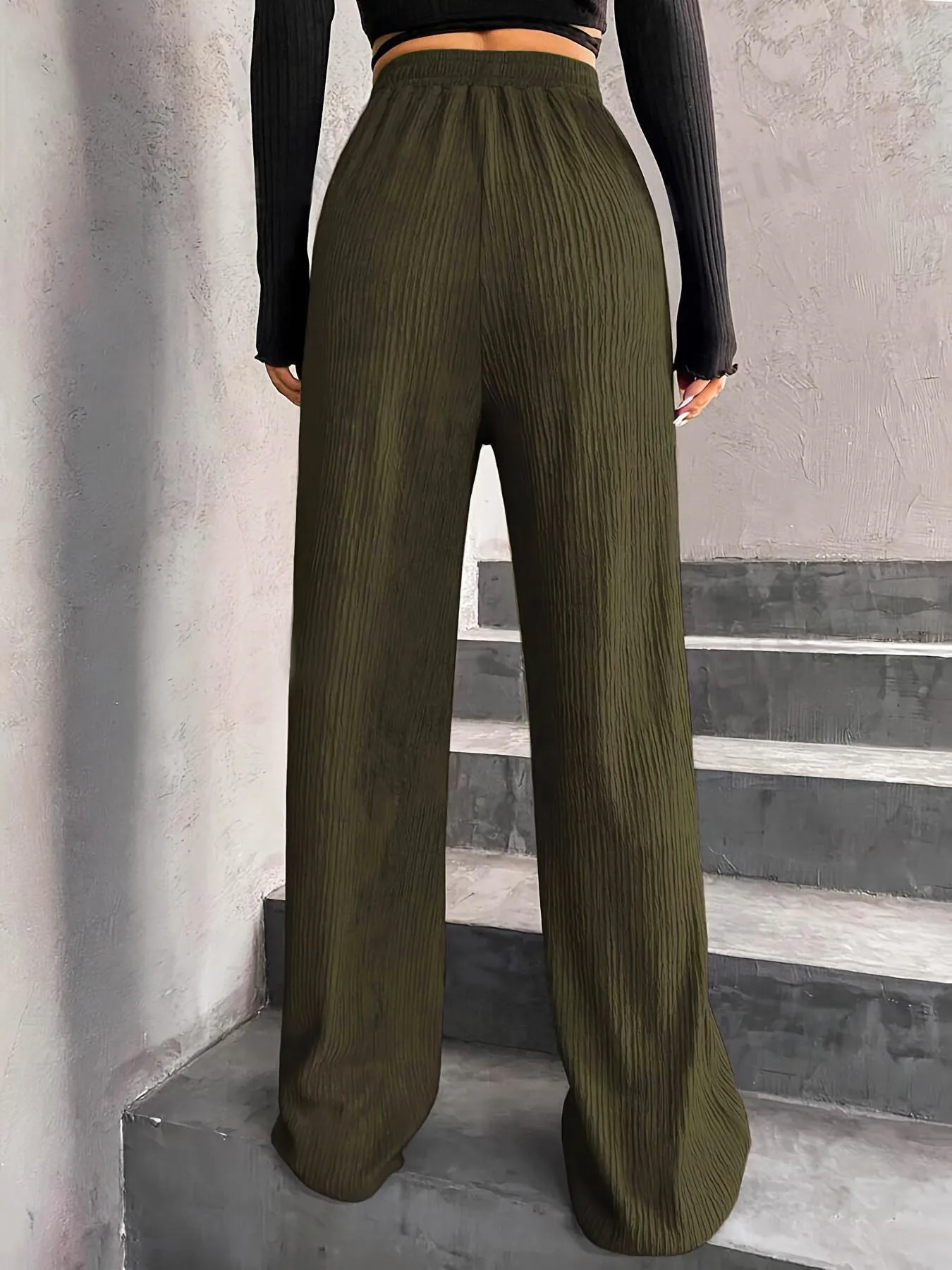 High Waist Wide Leg Pants Women's Elastic Waist Casual Long Trousers Pure Color Drawstring Straight Cut Autumn Winter New Arrival display picture 18