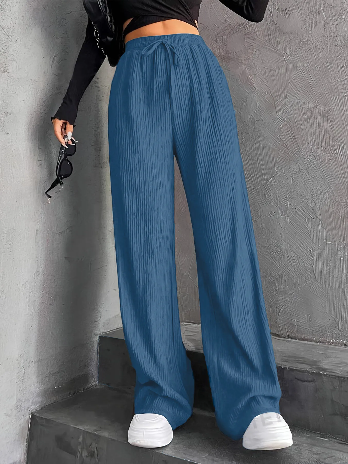 High Waist Wide Leg Pants Women's Elastic Waist Casual Long Trousers Pure Color Drawstring Straight Cut Autumn Winter New Arrival display picture 19