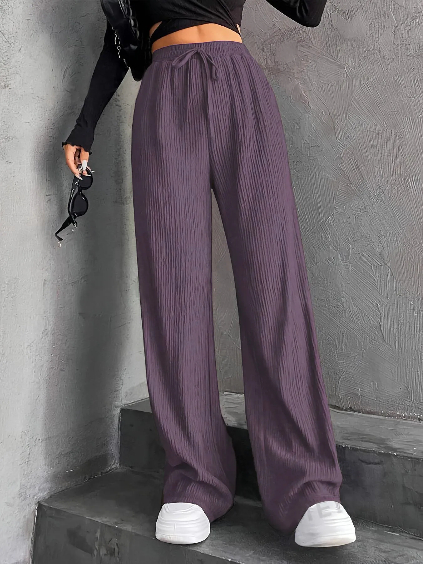 High Waist Wide Leg Pants Women's Elastic Waist Casual Long Trousers Pure Color Drawstring Straight Cut Autumn Winter New Arrival display picture 21