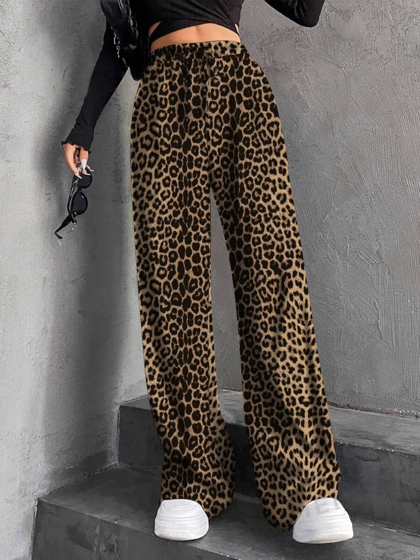 High Waist Wide Leg Pants Women's Elastic Waist Casual Long Trousers Pure Color Drawstring Straight Cut Autumn Winter New Arrival display picture 23