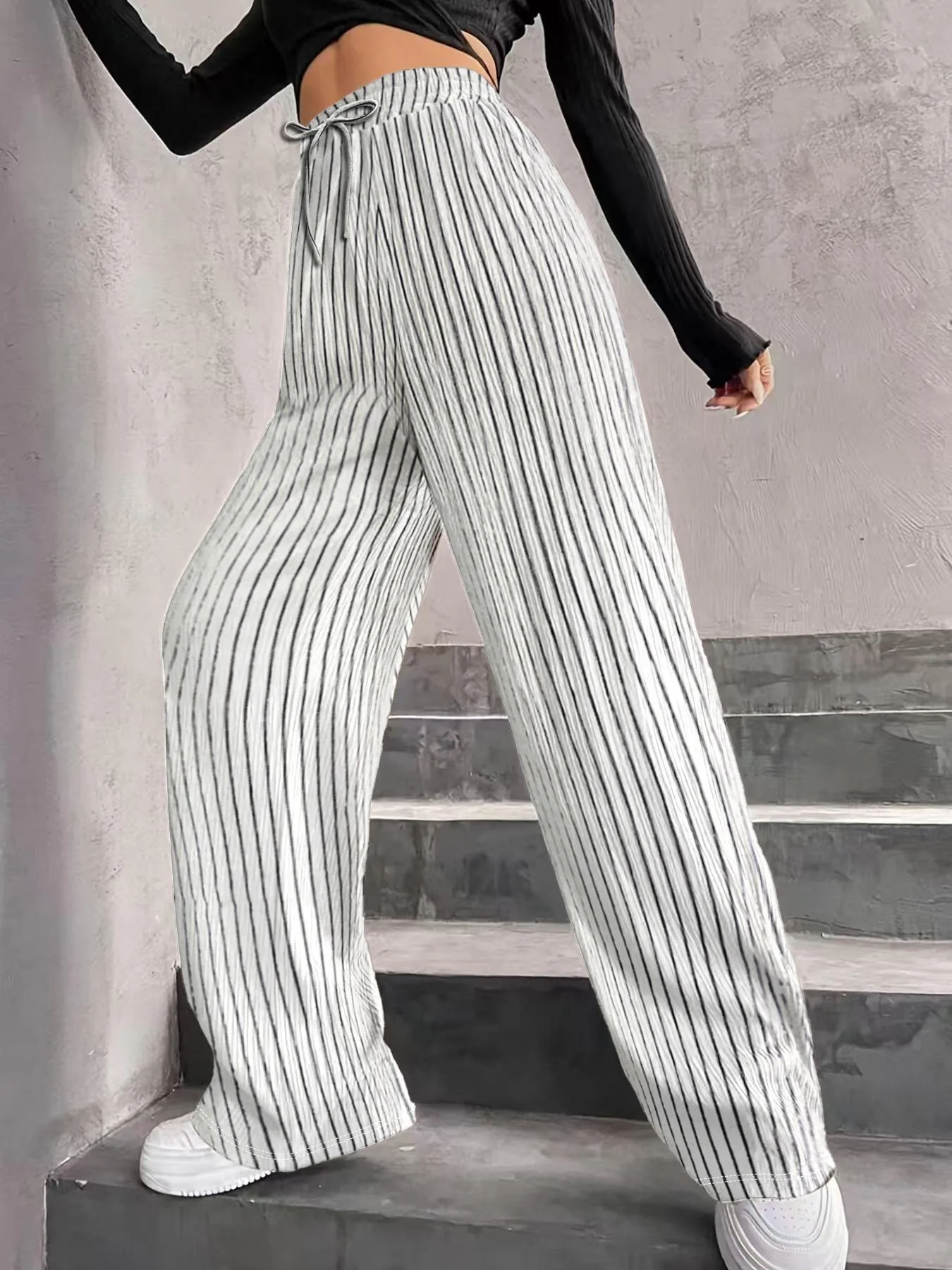 High Waist Wide Leg Pants Women's Elastic Waist Casual Long Trousers Pure Color Drawstring Straight Cut Autumn Winter New Arrival display picture 33