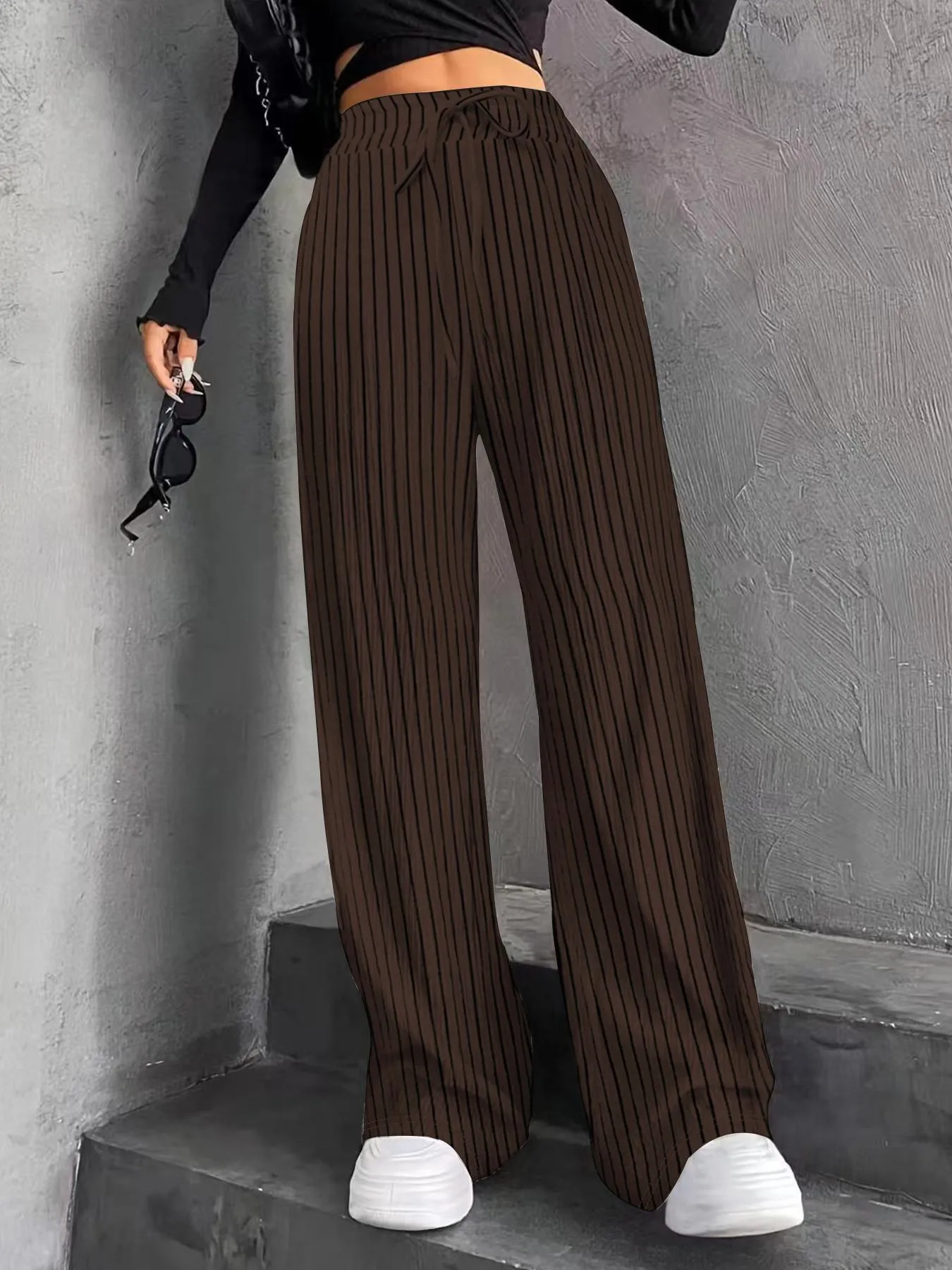 High Waist Wide Leg Pants Women's Elastic Waist Casual Long Trousers Pure Color Drawstring Straight Cut Autumn Winter New Arrival display picture 36