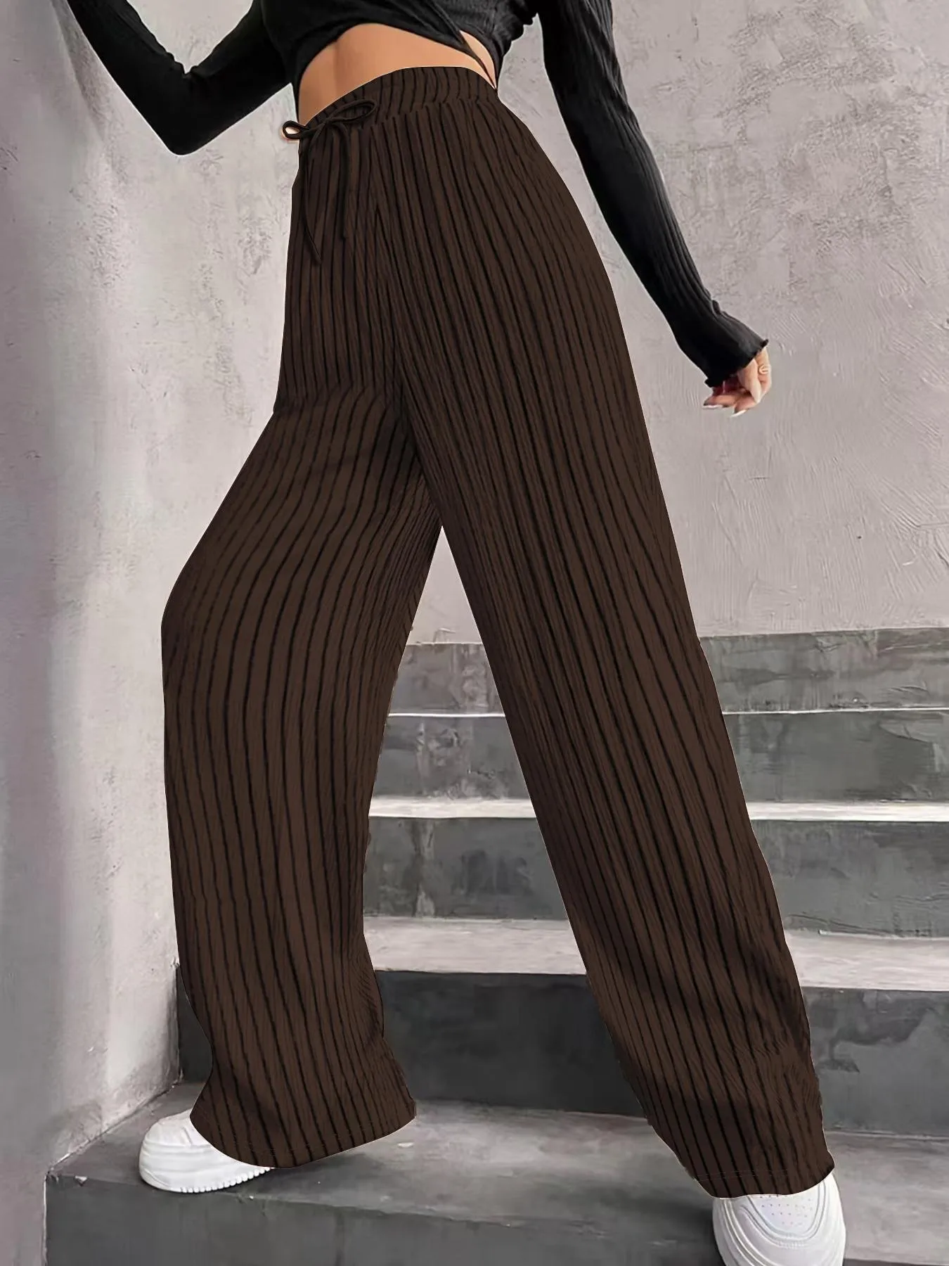 High Waist Wide Leg Pants Women's Elastic Waist Casual Long Trousers Pure Color Drawstring Straight Cut Autumn Winter New Arrival display picture 37