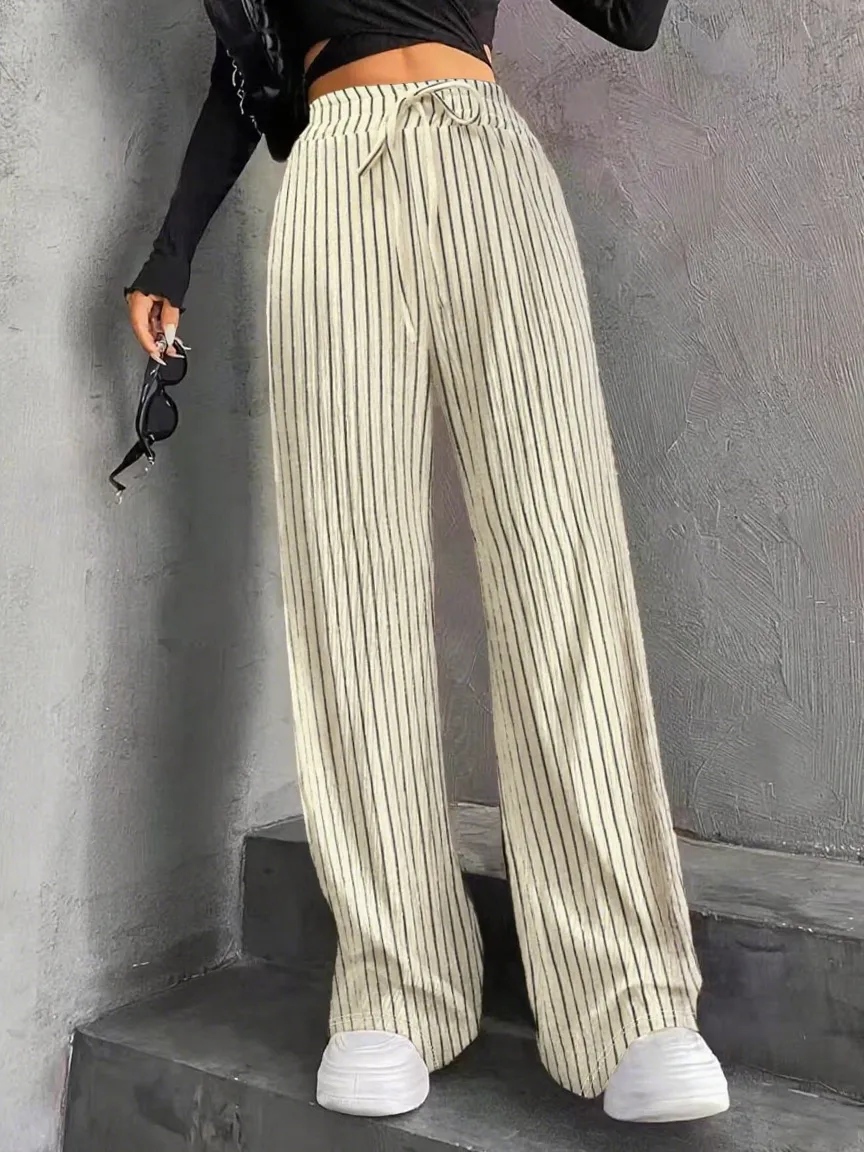 High Waist Wide Leg Pants Women's Elastic Waist Casual Long Trousers Pure Color Drawstring Straight Cut Autumn Winter New Arrival display picture 42
