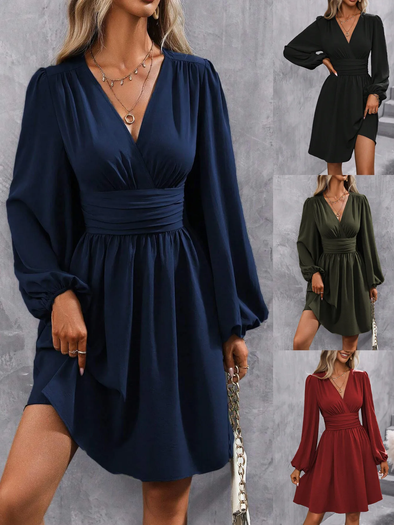 Elegant High Waist Lantern Sleeve Gown  Style Autumn Winter New Fashion Side Collar Pleated Waist Dress display picture 2