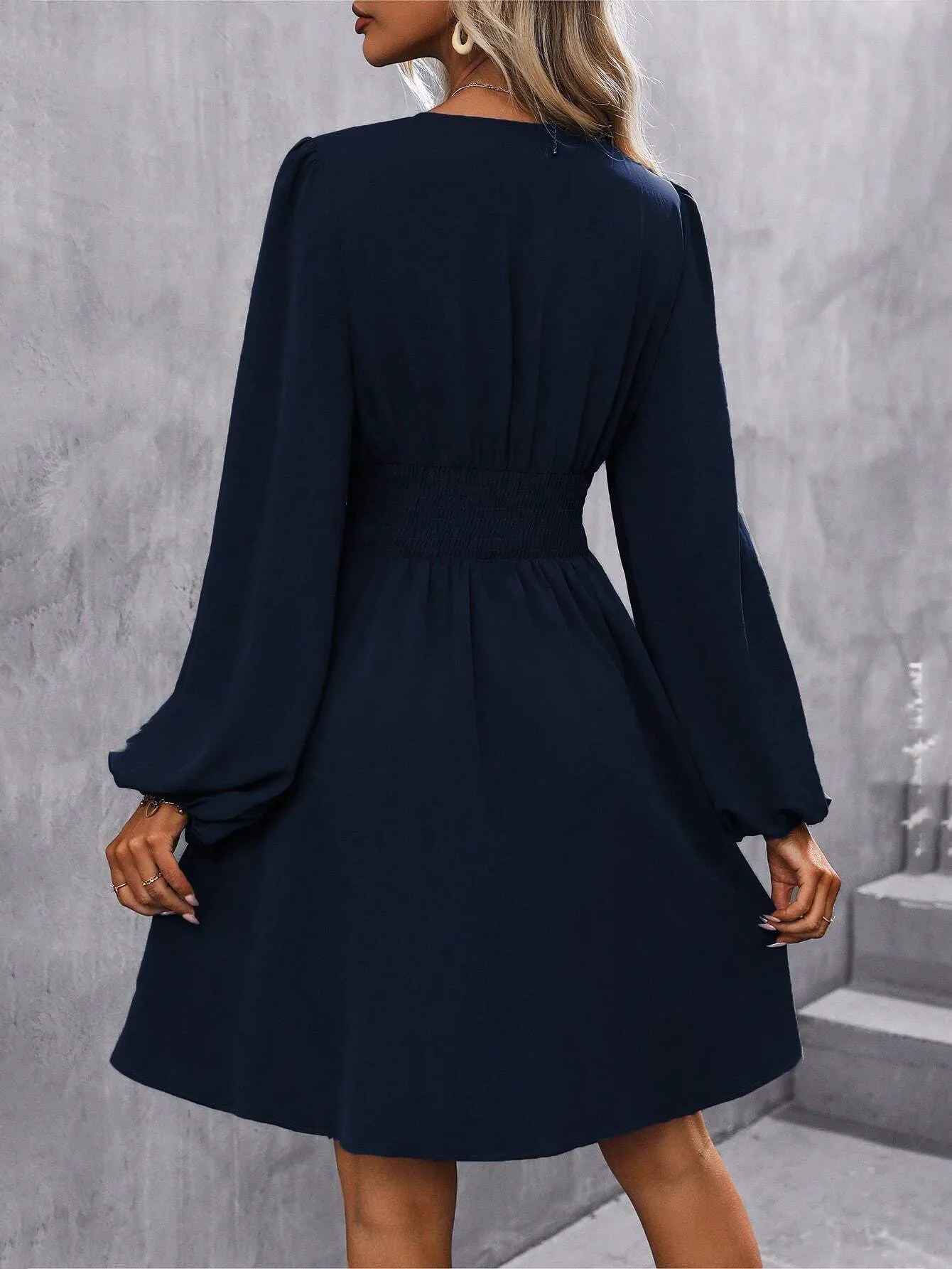 Elegant High Waist Lantern Sleeve Gown  Style Autumn Winter New Fashion Side Collar Pleated Waist Dress display picture 4