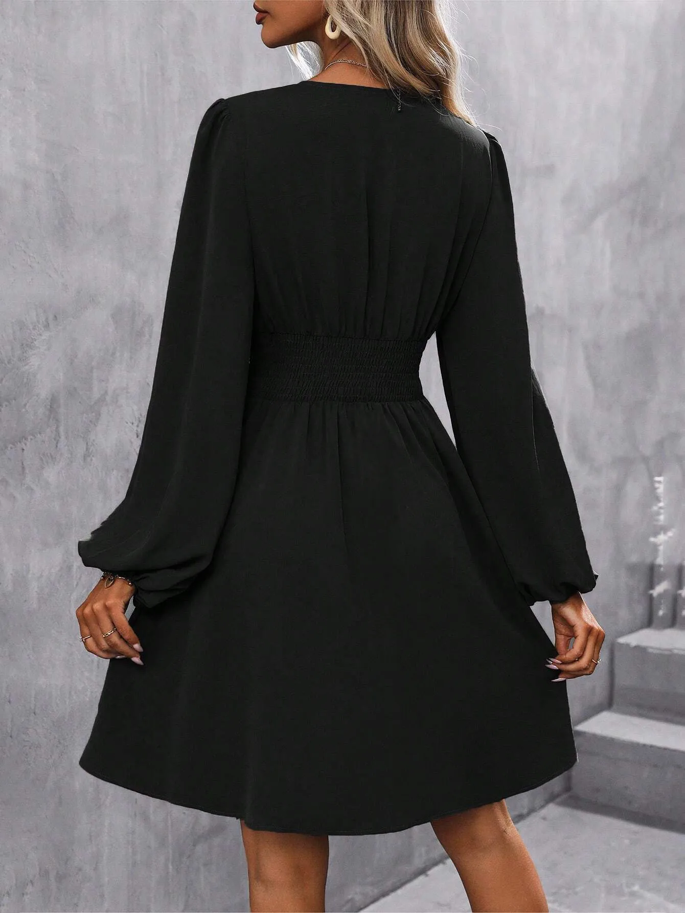 Elegant High Waist Lantern Sleeve Gown  Style Autumn Winter New Fashion Side Collar Pleated Waist Dress display picture 12