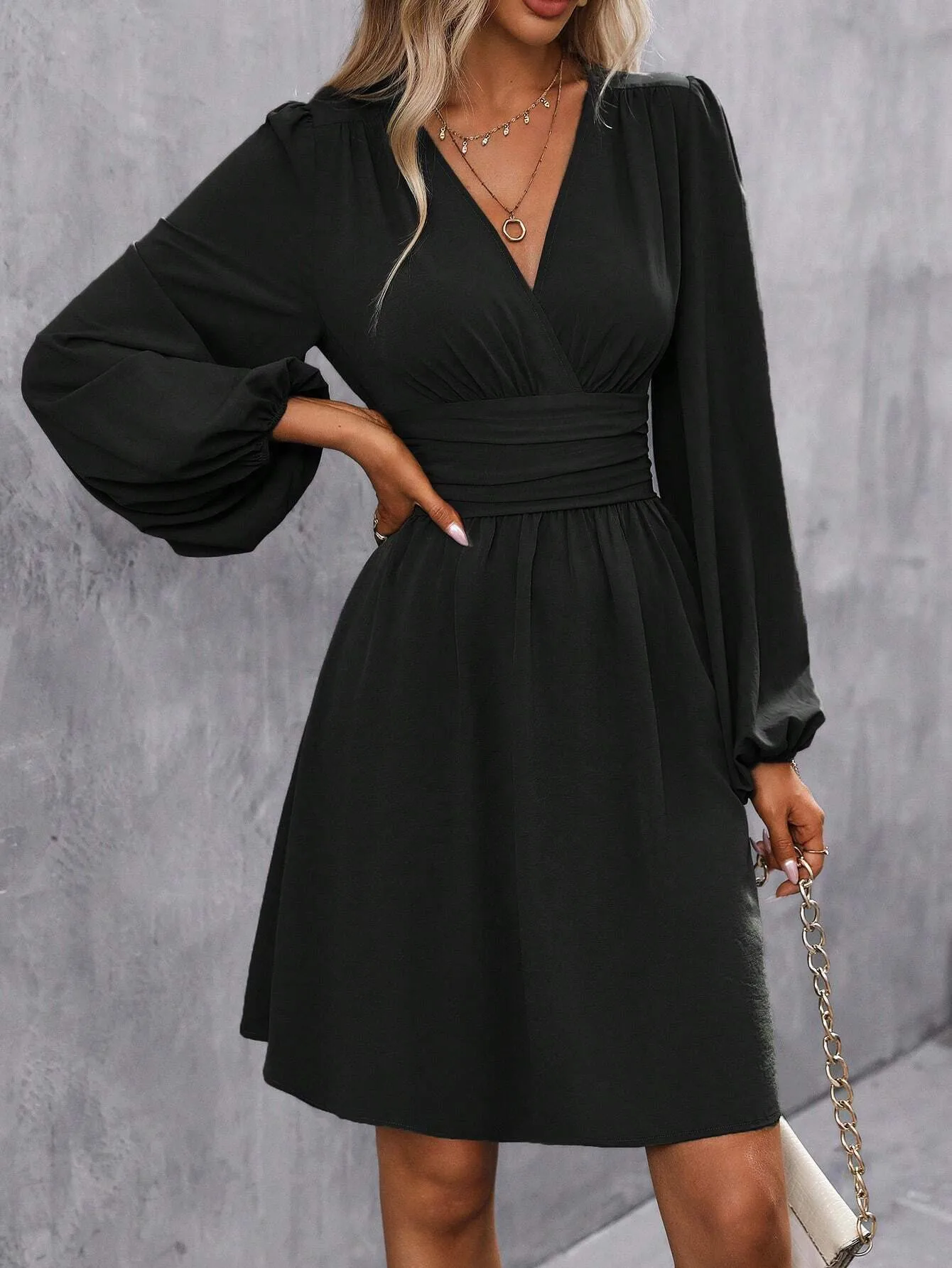Elegant High Waist Lantern Sleeve Gown  Style Autumn Winter New Fashion Side Collar Pleated Waist Dress display picture 13
