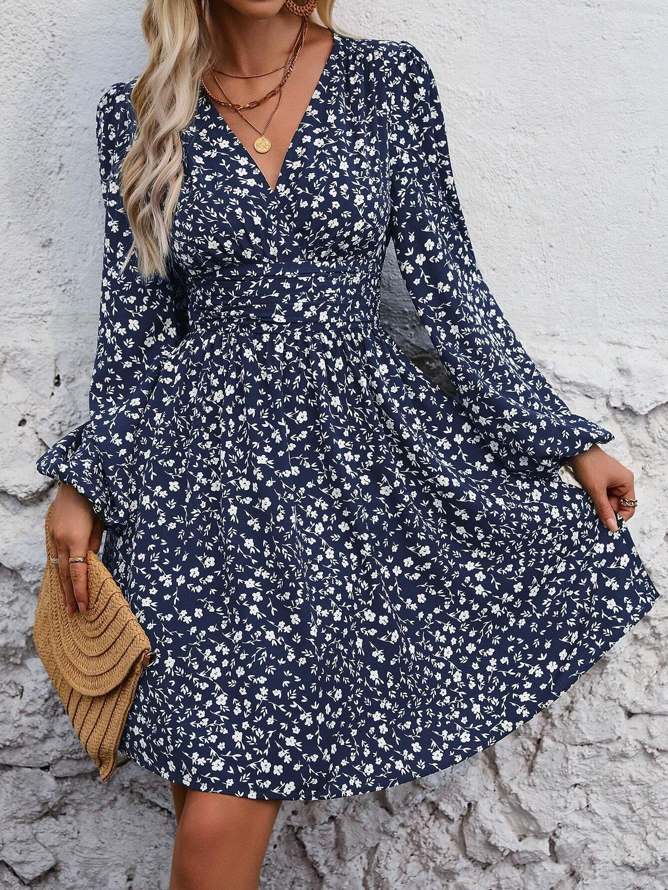 Elegant High Waist Lantern Sleeve Gown  Style Autumn Winter New Fashion Side Collar Pleated Waist Dress display picture 18