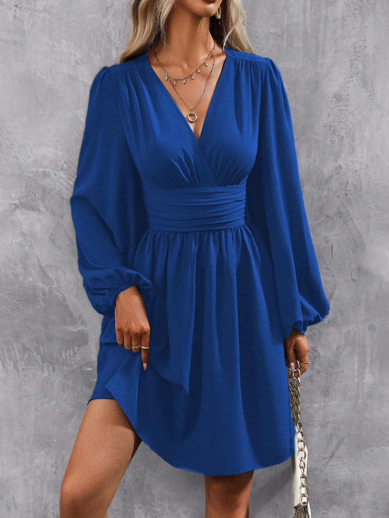 Elegant High Waist Lantern Sleeve Gown  Style Autumn Winter New Fashion Side Collar Pleated Waist Dress display picture 26