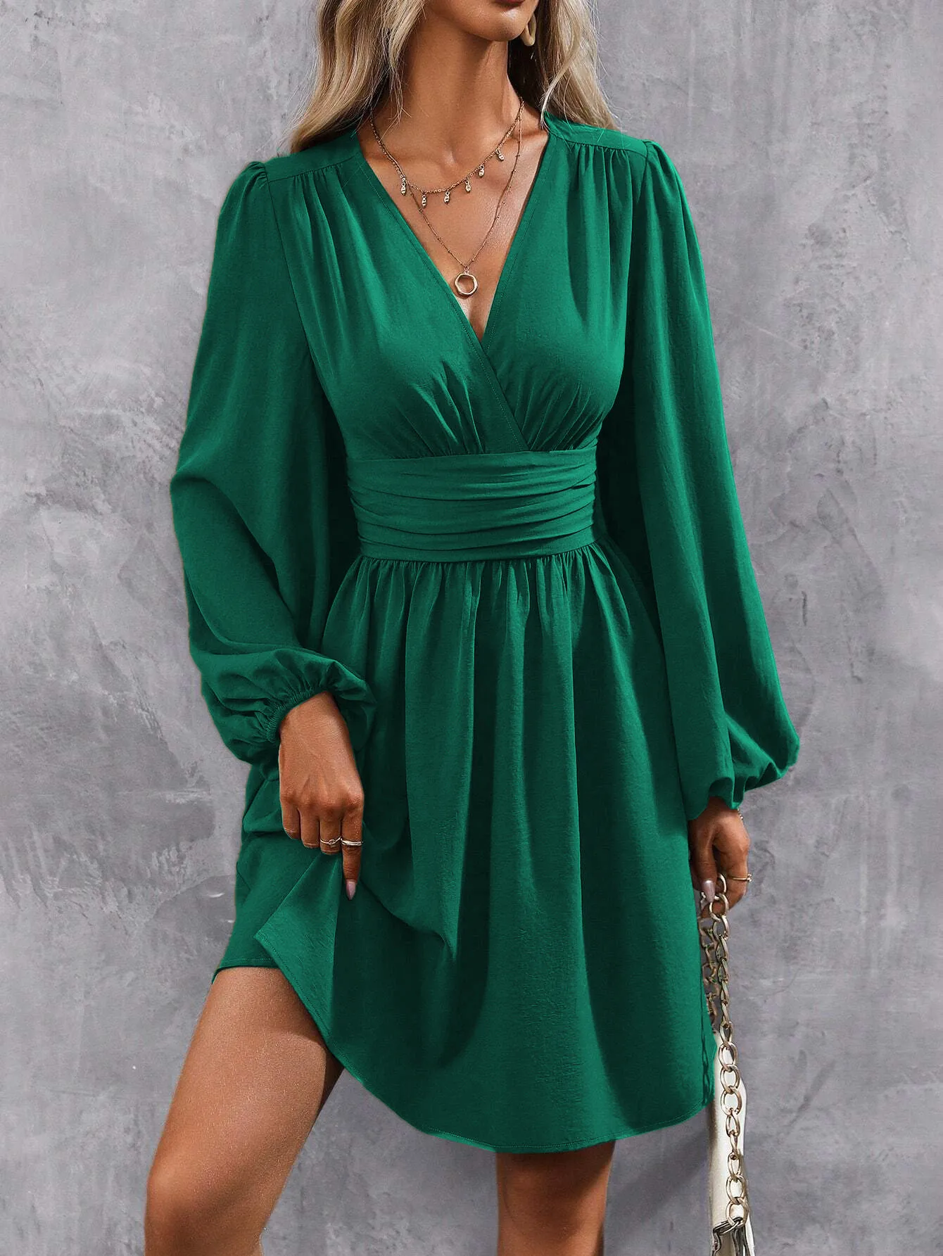 Elegant High Waist Lantern Sleeve Gown  Style Autumn Winter New Fashion Side Collar Pleated Waist Dress display picture 29