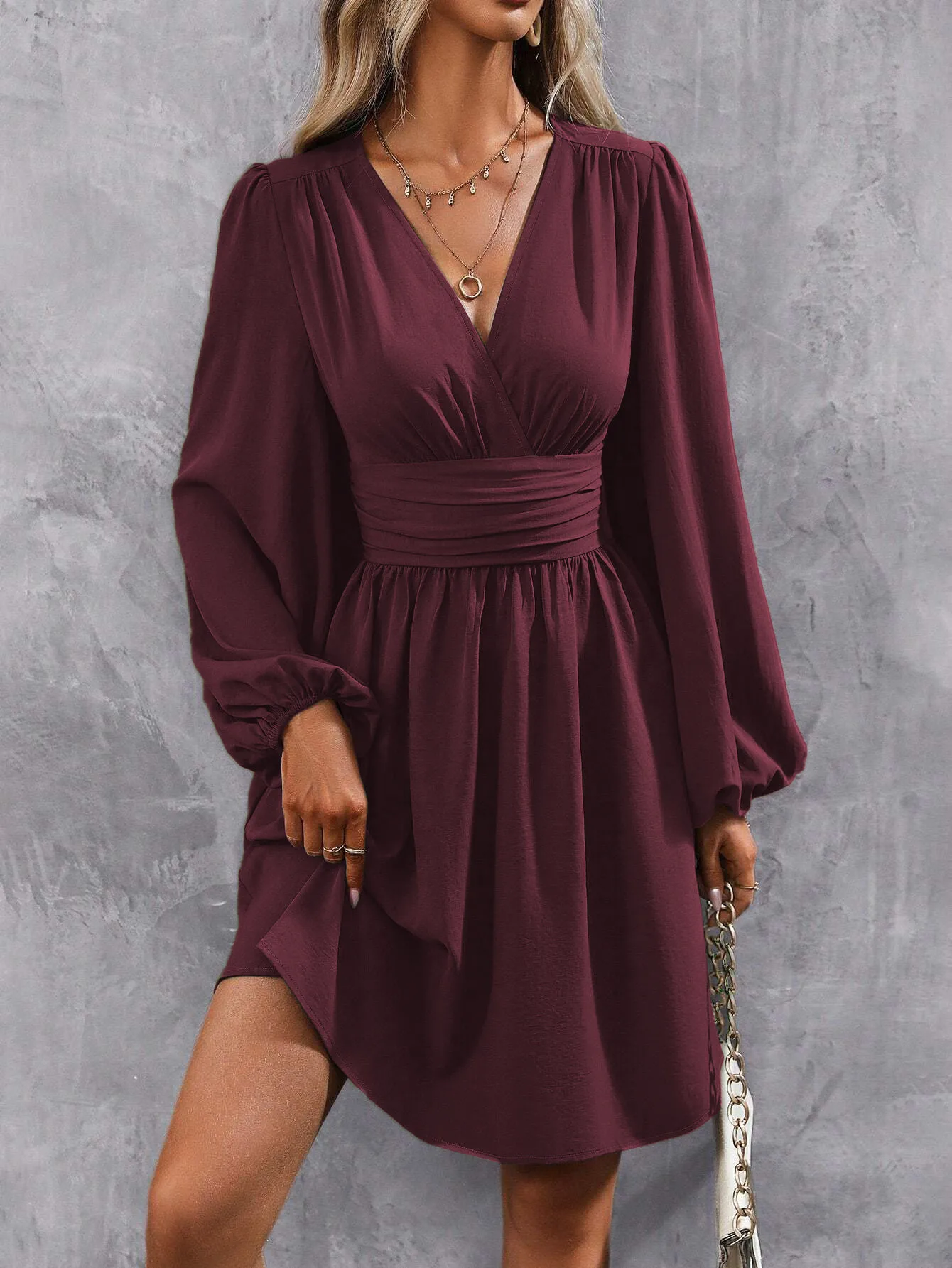 Elegant High Waist Lantern Sleeve Gown  Style Autumn Winter New Fashion Side Collar Pleated Waist Dress display picture 32
