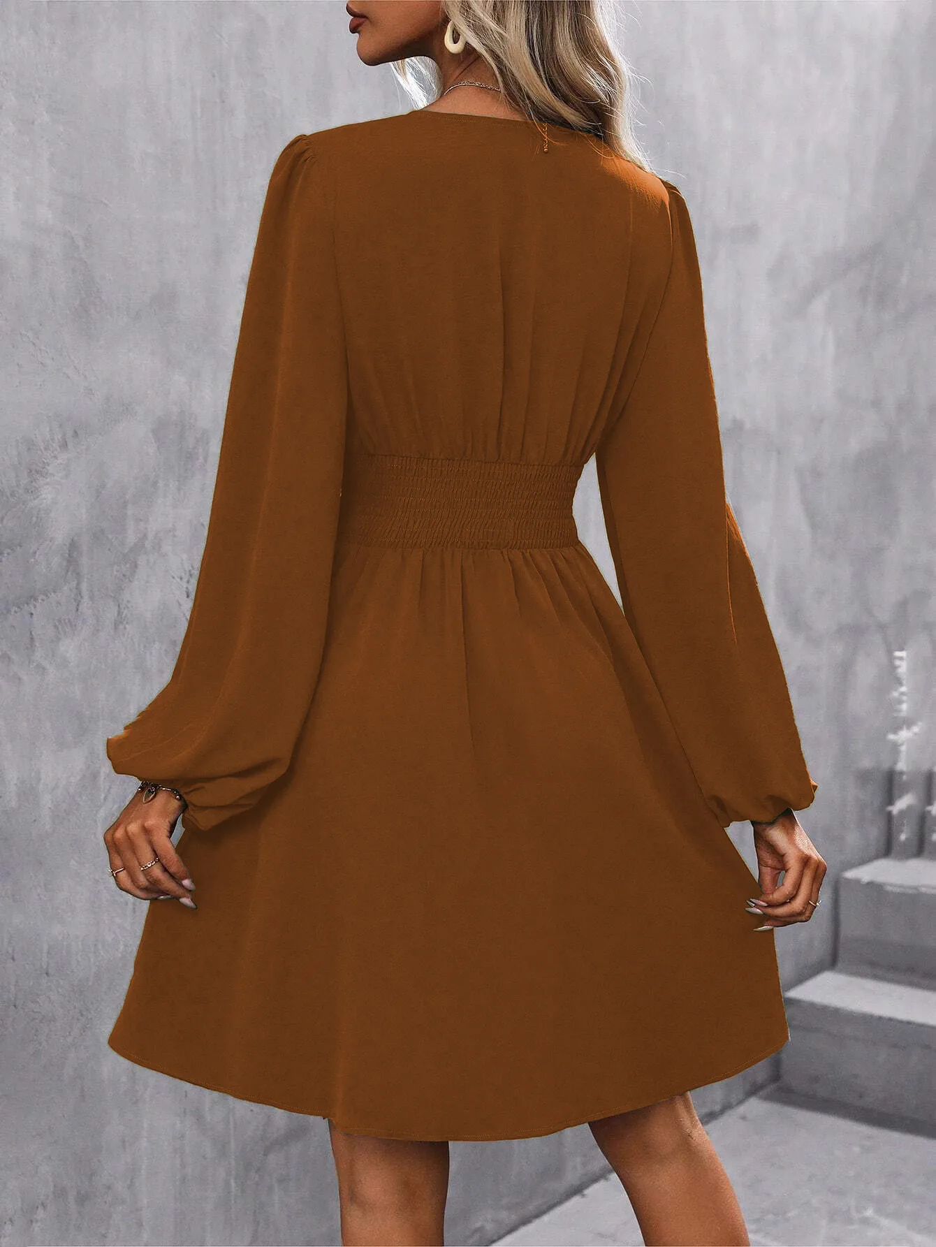 Elegant High Waist Lantern Sleeve Gown  Style Autumn Winter New Fashion Side Collar Pleated Waist Dress display picture 34