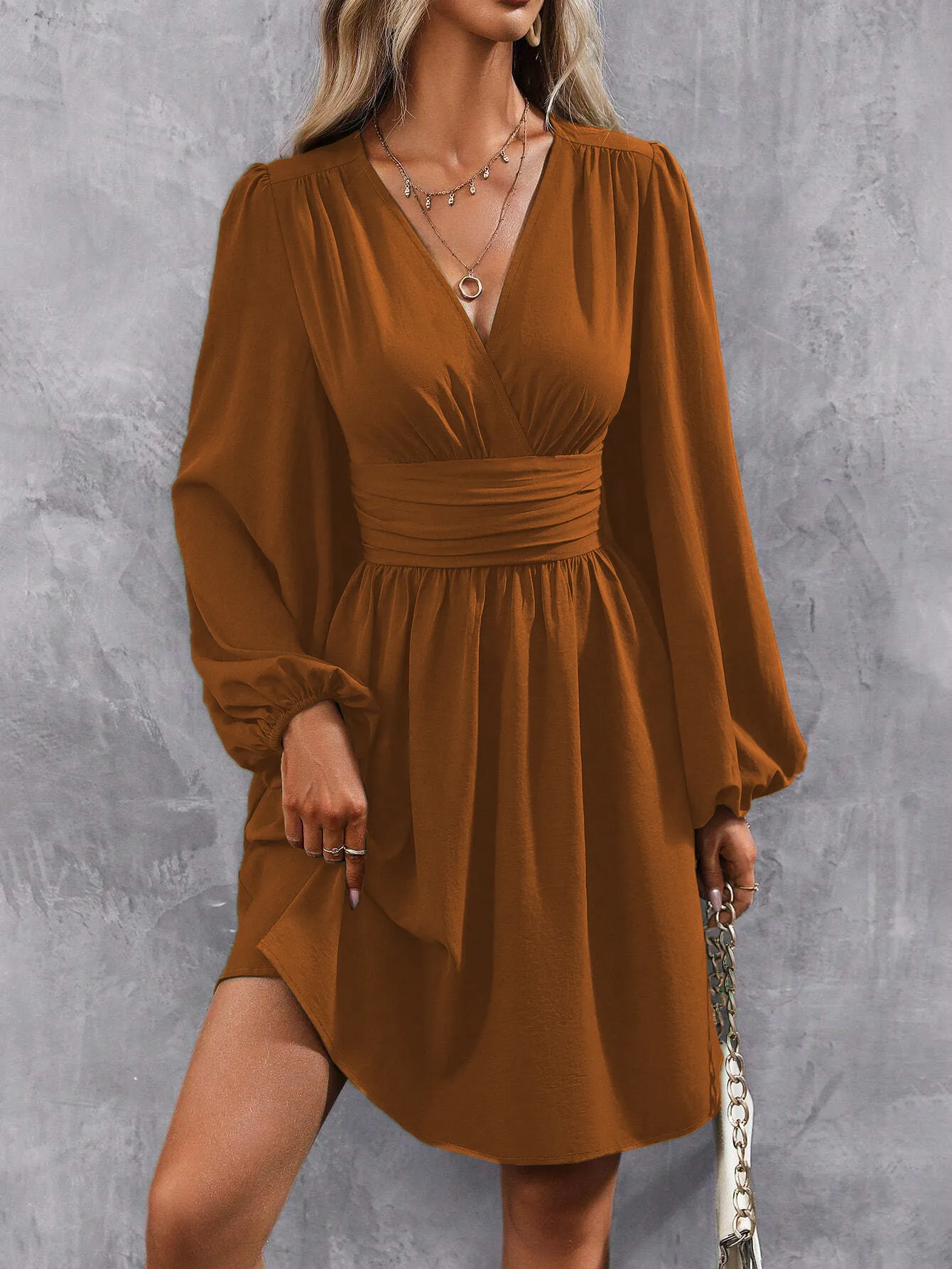 Elegant High Waist Lantern Sleeve Gown  Style Autumn Winter New Fashion Side Collar Pleated Waist Dress display picture 35