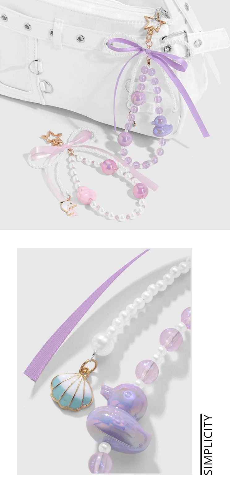 New Ins Exquisite Sweet Cute Imitation Pearl Bowknot Colorful Cat Eye Beads Cartoon Duck DIY Keychain display picture 1