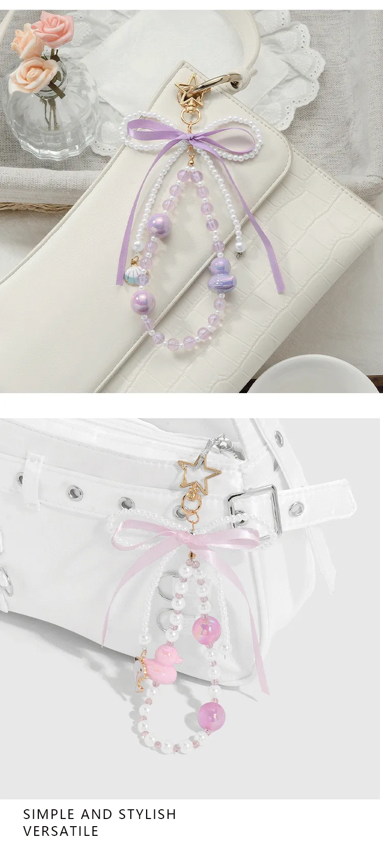 New Ins Exquisite Sweet Cute Imitation Pearl Bowknot Colorful Cat Eye Beads Cartoon Duck DIY Keychain display picture 2