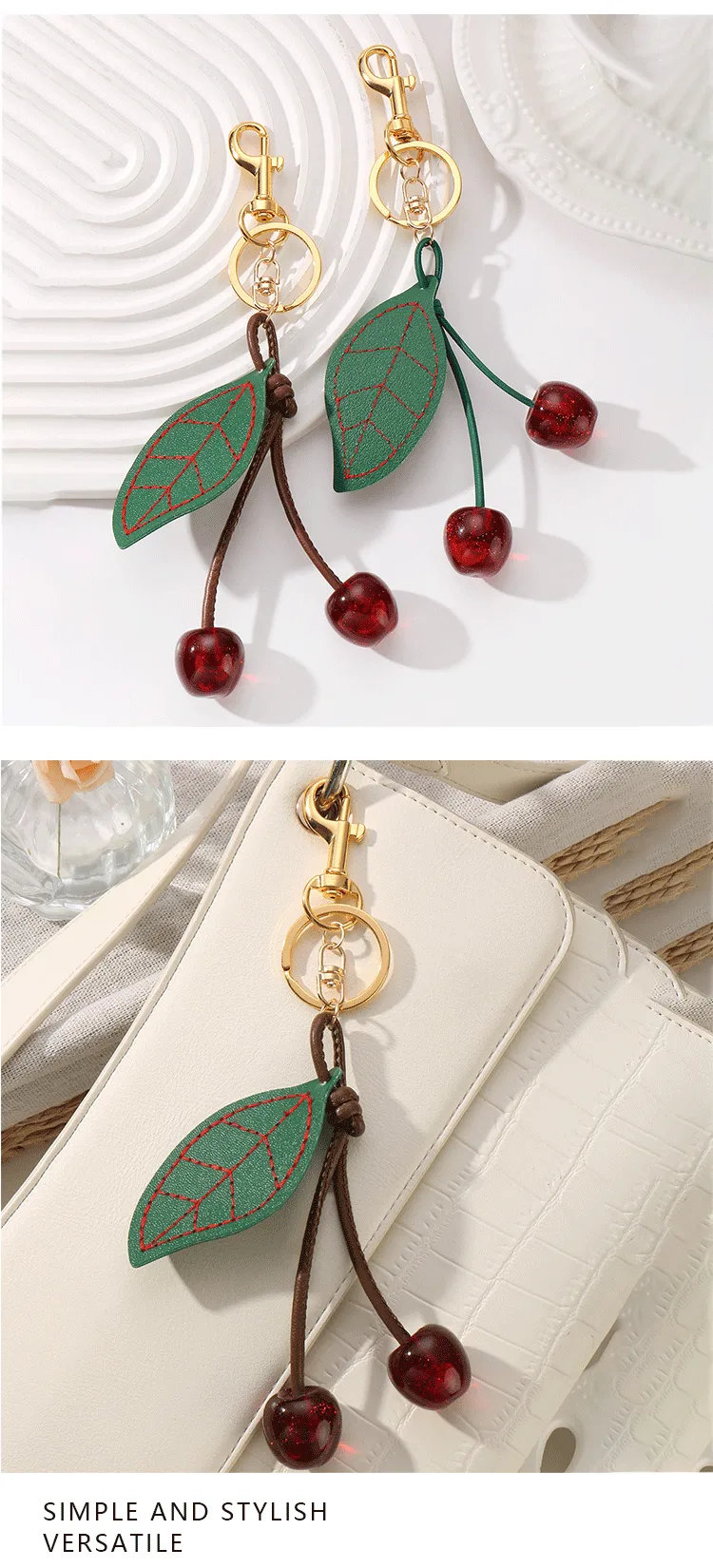 New Miu Series Fashionable High Aesthetic Value Simulated Leather Cherry Leaf Resin Sparkling DIY Keychains Zinc Alloy Sweet Cool Style display picture 2
