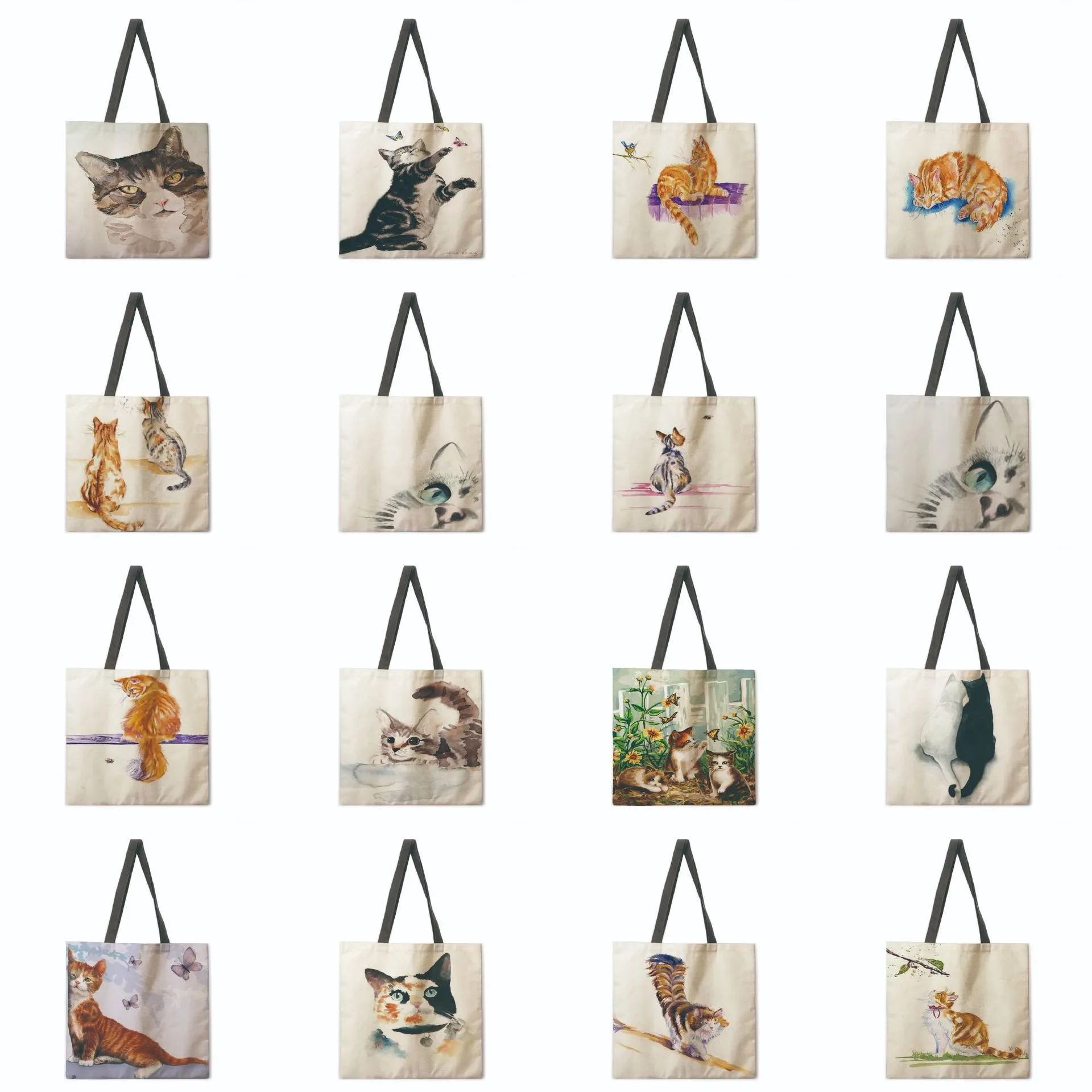 Ladies Reusable Shopping Tote Bag Shoulder Handbag Painted Cat Design Polyester Medium Size Fashionable Eco-Friendly Bag display picture 2
