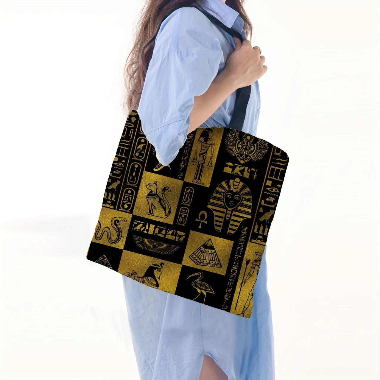 Elegant Ladies Reusable Tote Bag Egyptian Wall Painting Print Single Shoulder Handbag Shopping Bag Polyester Medium Size display picture 2