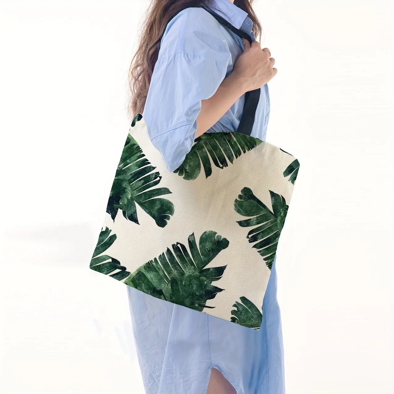Ladies Green Plant Print Reusable Shopping Tote Bag Shoulder Handbag Polyester Medium Size Fashionable Eco-Friendly Bag display picture 2